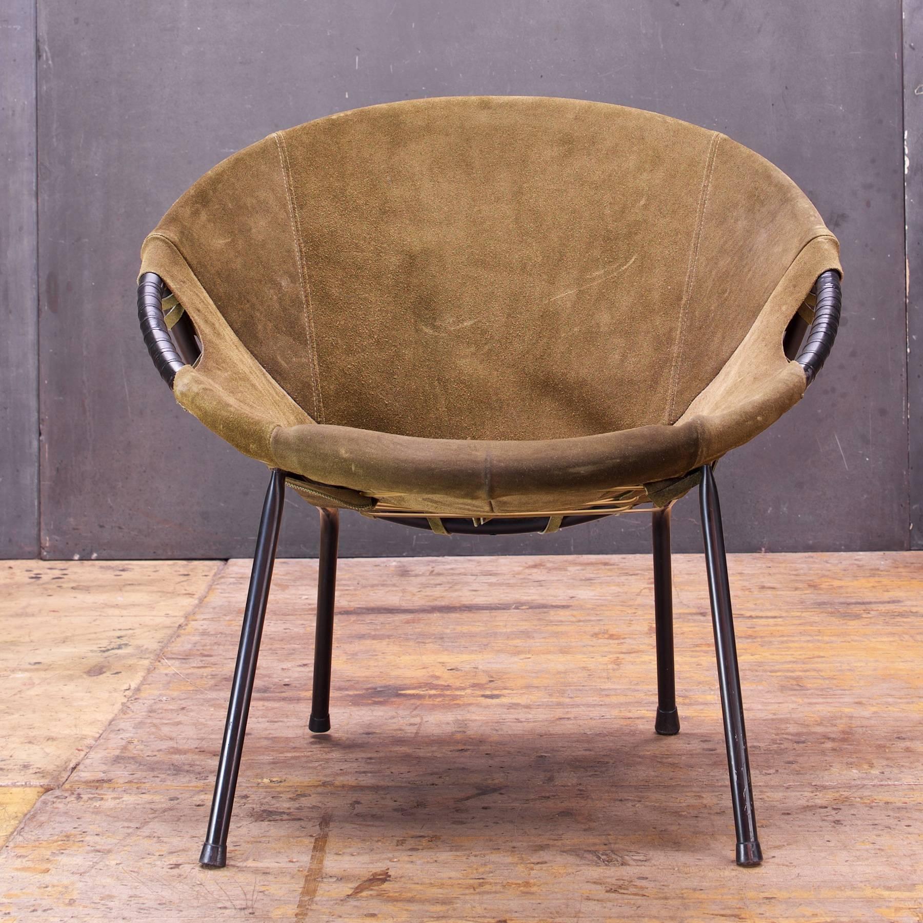 Scandinavian Modern Mid-Century Army Green Suede Leather Sling Hoop Circle Lounge Chair Mad Men