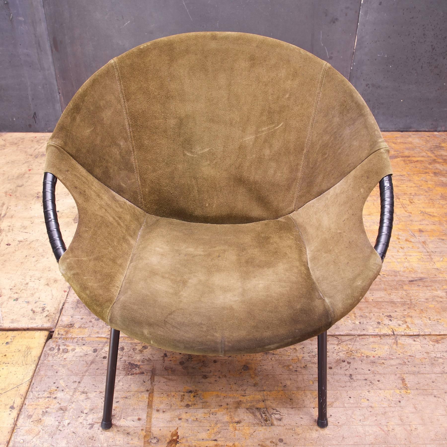 German Mid-Century Army Green Suede Leather Sling Hoop Circle Lounge Chair Mad Men
