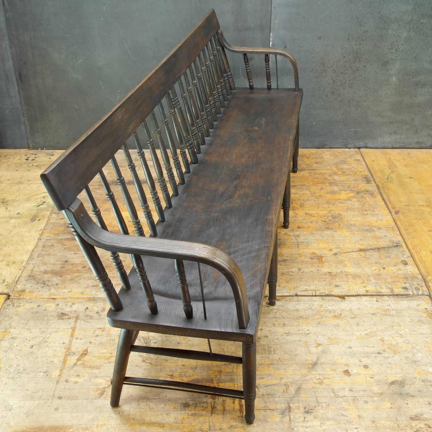 Late Victorian US Courthouse Armchair Oak and Metal Long Bench In Good Condition In Hyattsville, MD