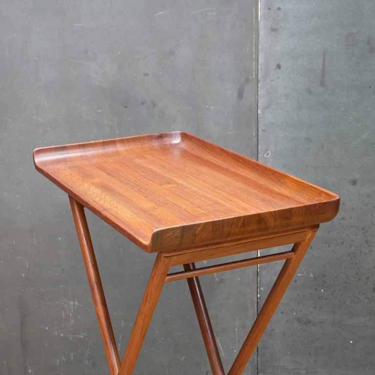 Vintage 1950s Danish Staved Teak High Cocktail Serving Tray Table For