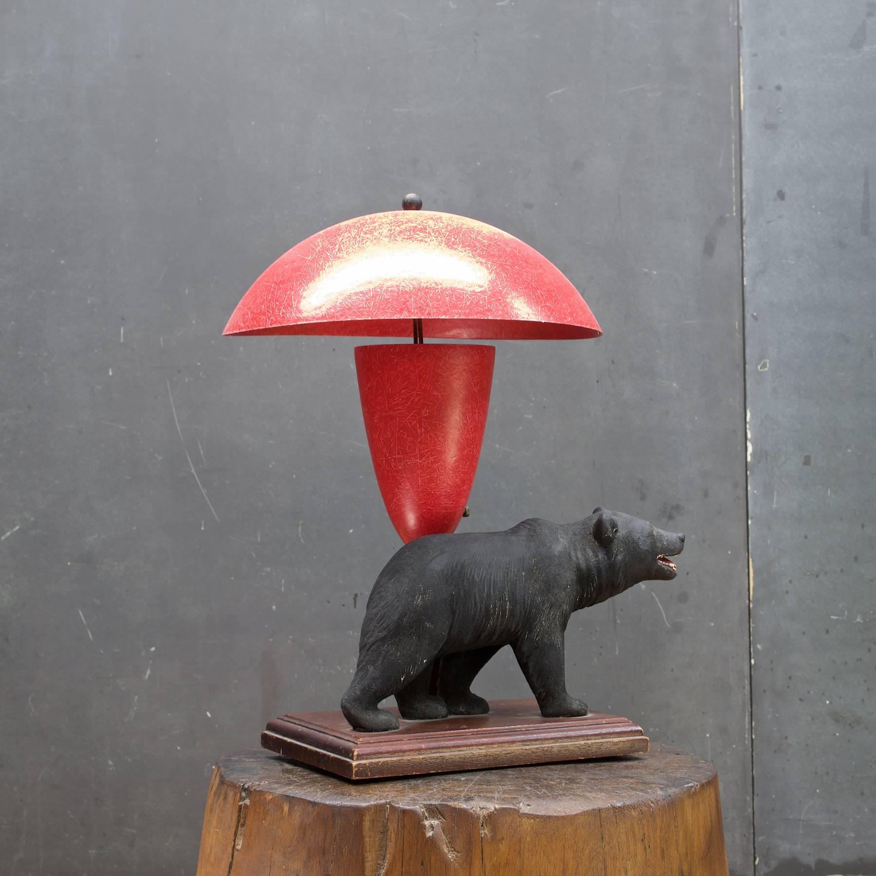 American 1940s California Rustic Modern Bear with Red Fiberglass Marplex Lamp