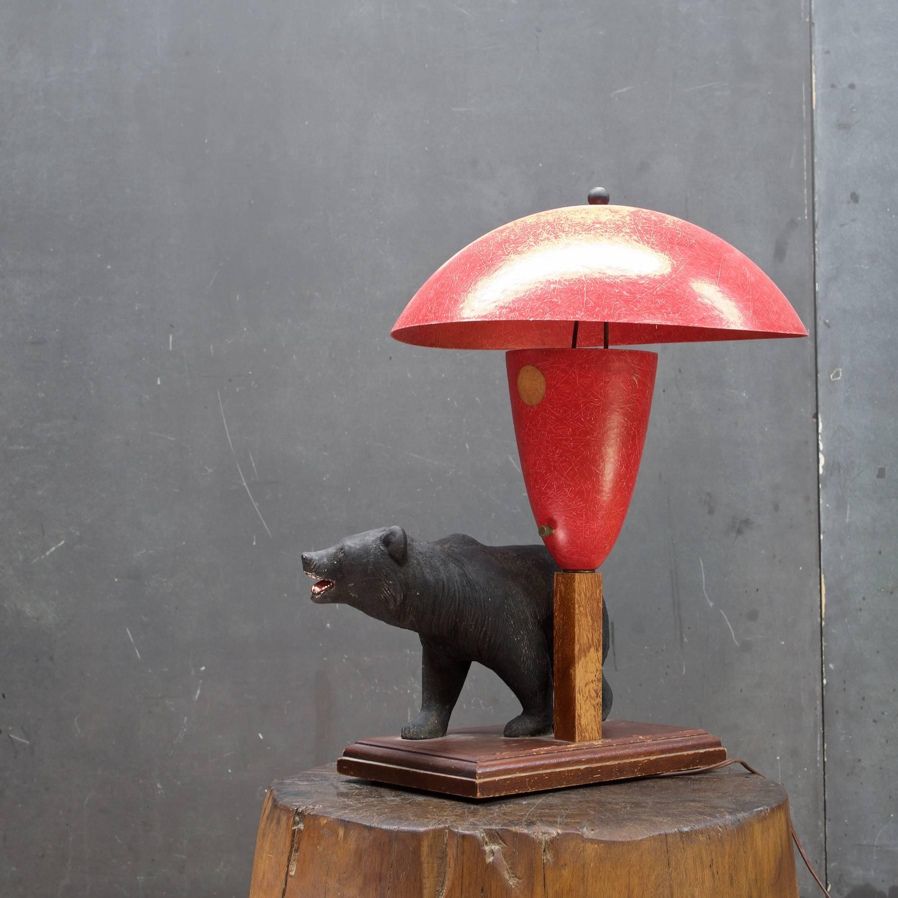 Cast 1940s California Rustic Modern Bear with Red Fiberglass Marplex Lamp