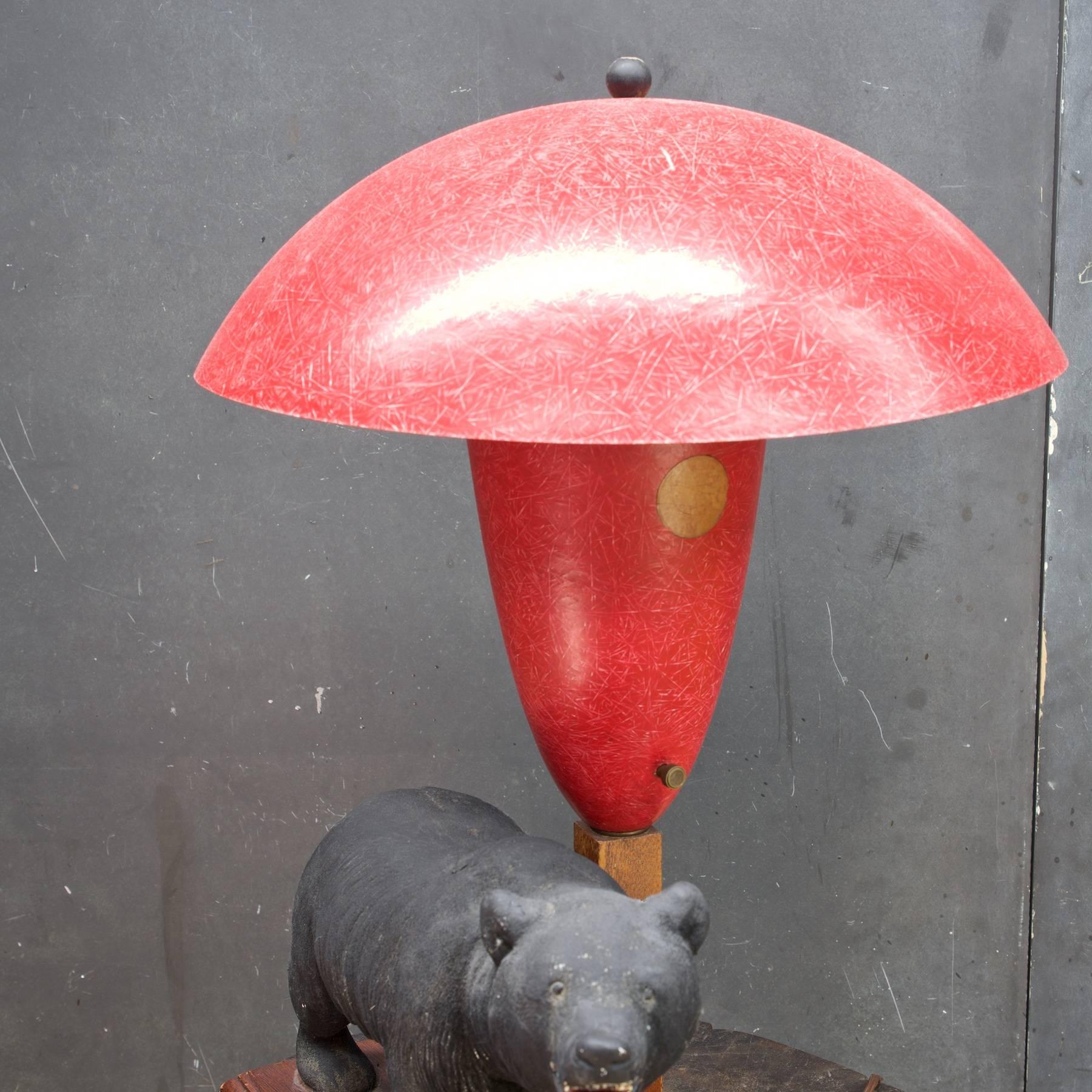 1940s California Rustic Modern Bear with Red Fiberglass Marplex Lamp 1
