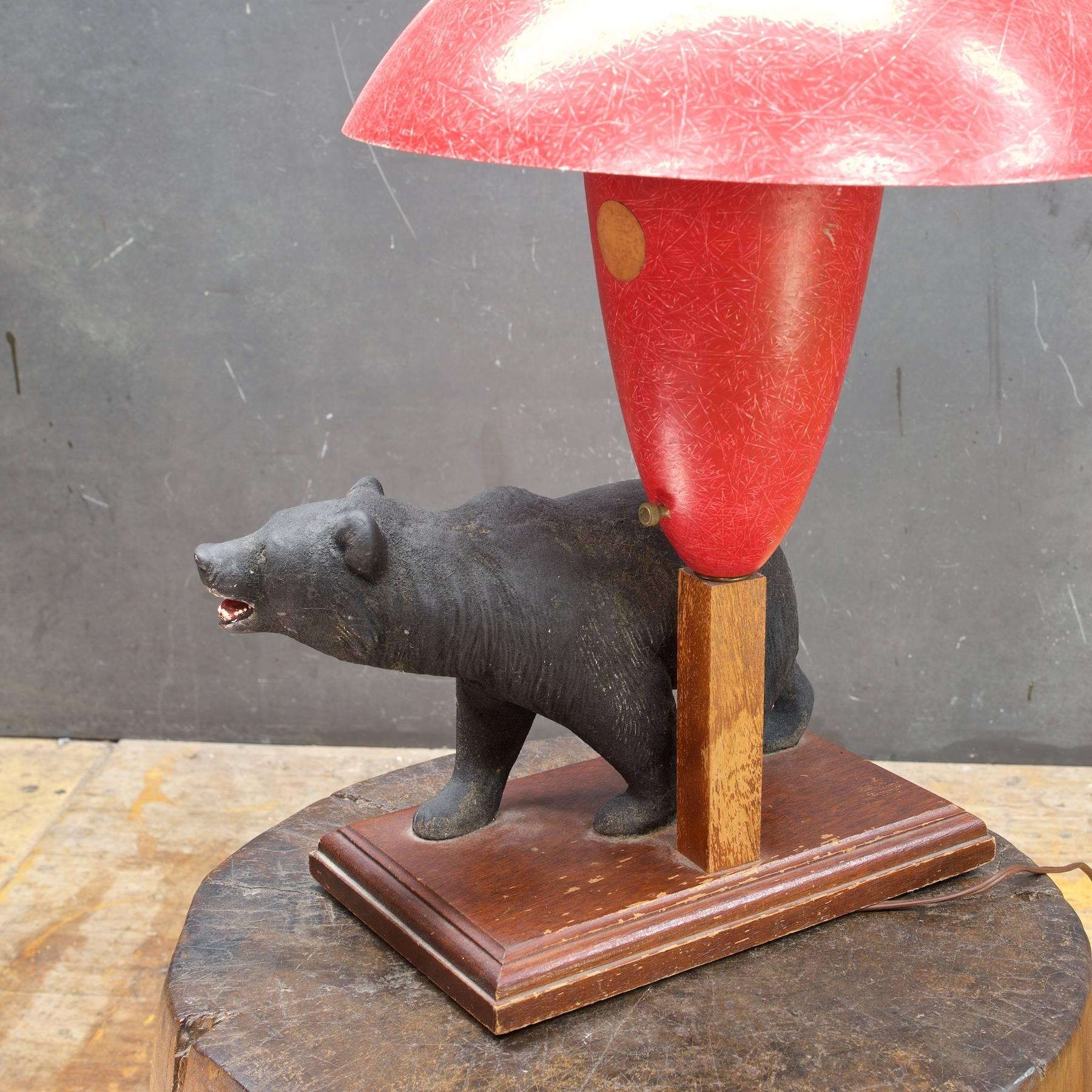 Iron 1940s California Rustic Modern Bear with Red Fiberglass Marplex Lamp