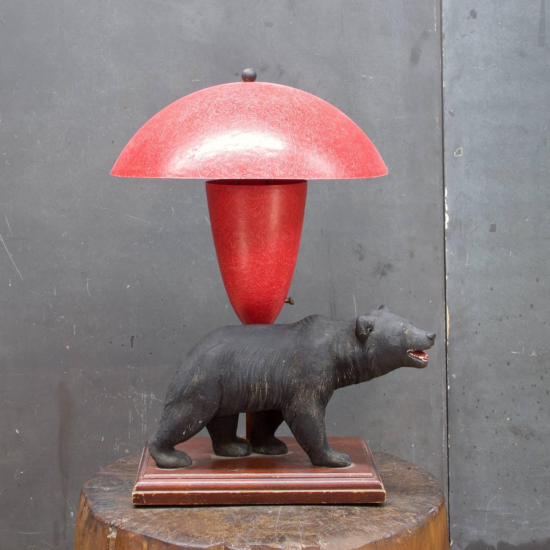 1940s California Rustic Modern Bear with Red Fiberglass Marplex Lamp In Good Condition In Hyattsville, MD