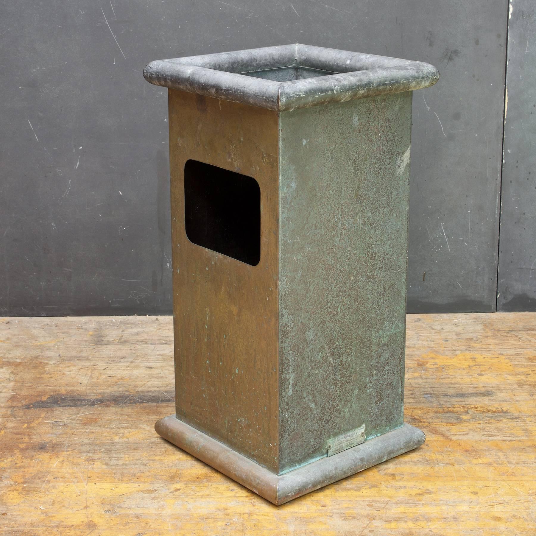 Architect designed trash can ashtray.
Measures: W 12 x D 12 x H 24 in. (Dish Depth: 3 in).