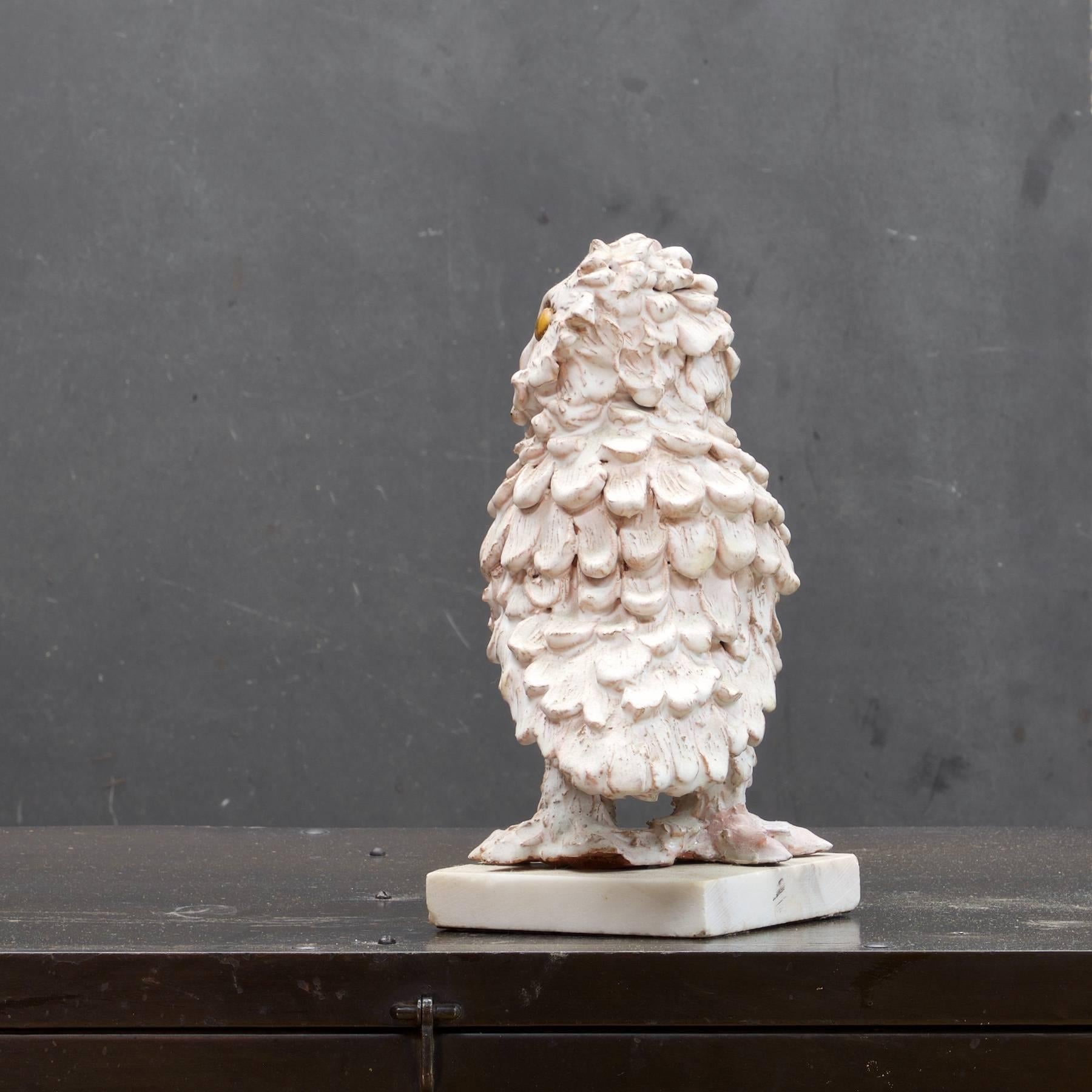 Glazed Vintage Ceramic Feathered Snow Owl Bird Pottery Sculpture on Marble Base