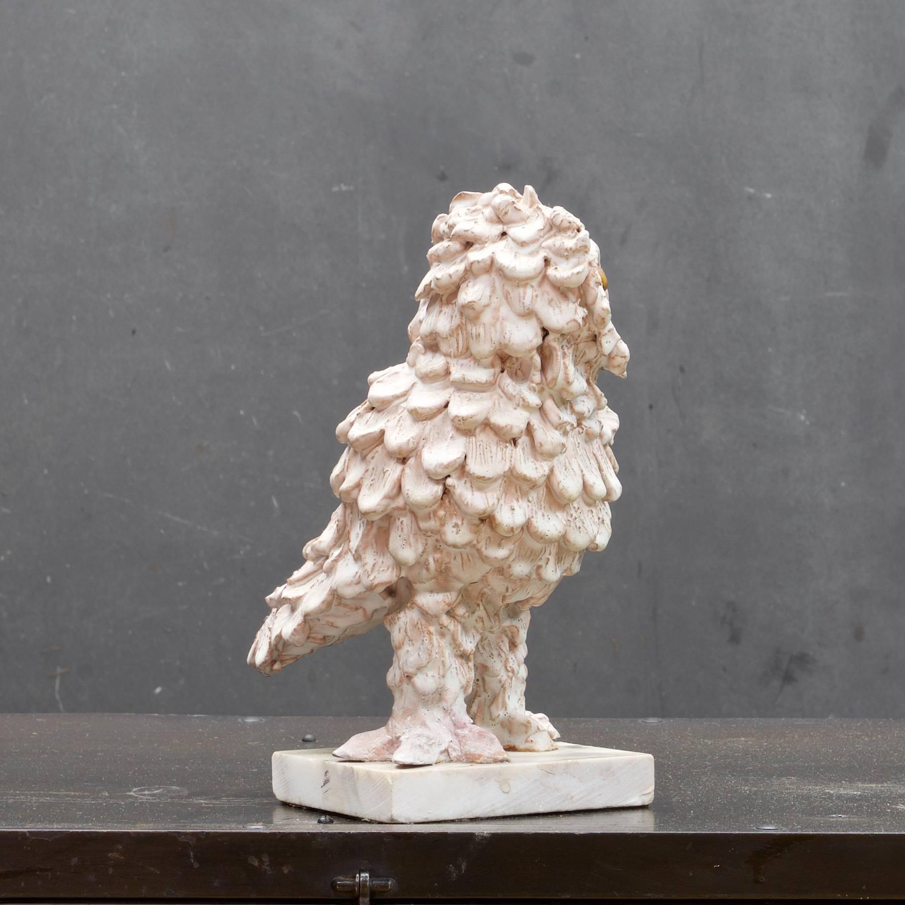 Mid-Century Modern Vintage Ceramic Feathered Snow Owl Bird Pottery Sculpture on Marble Base