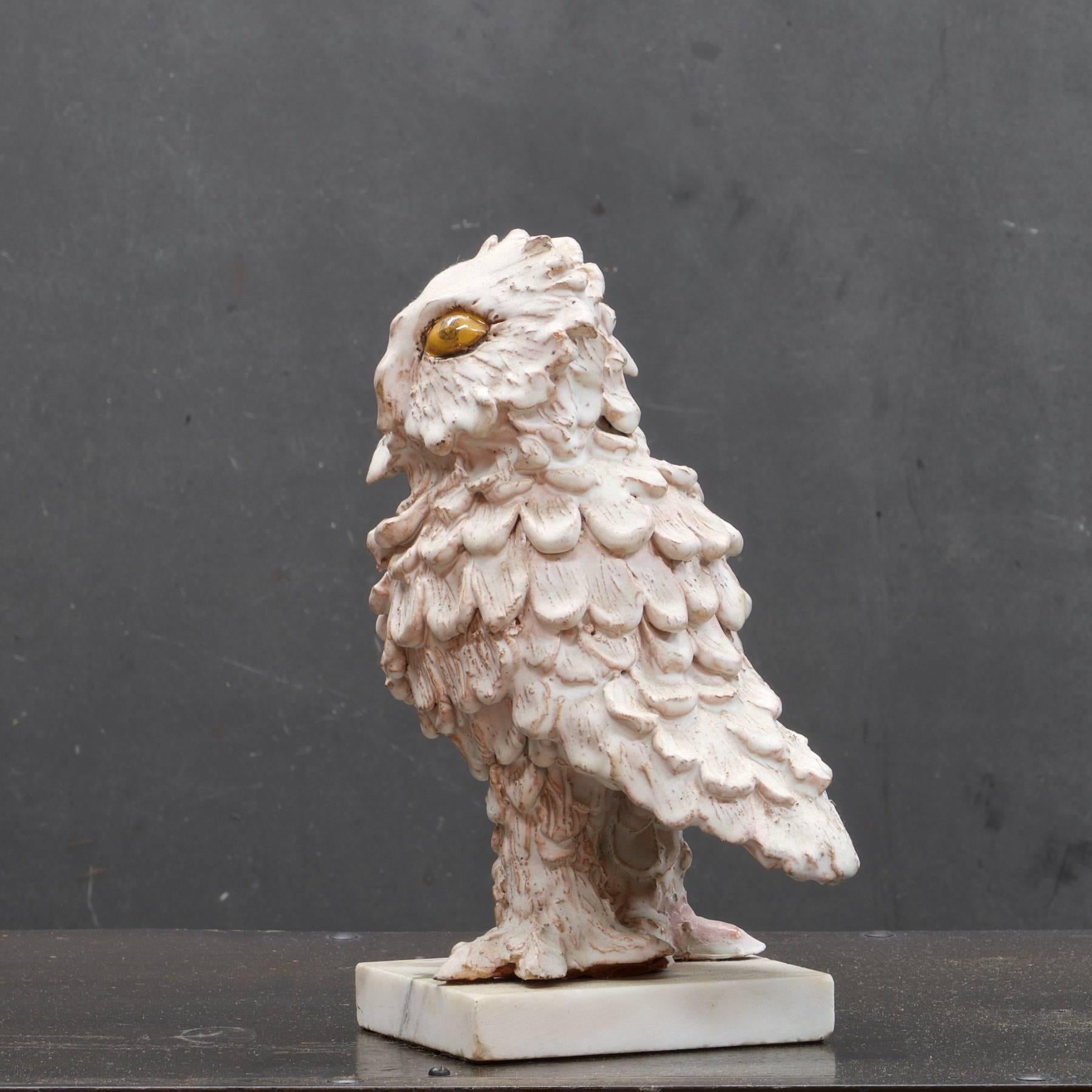 American Vintage Ceramic Feathered Snow Owl Bird Pottery Sculpture on Marble Base