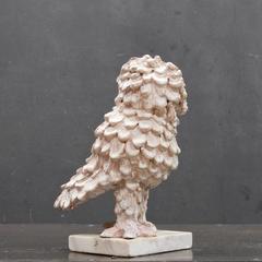 Vintage Ceramic Feathered Snow Owl Bird Pottery Sculpture on Marble Base