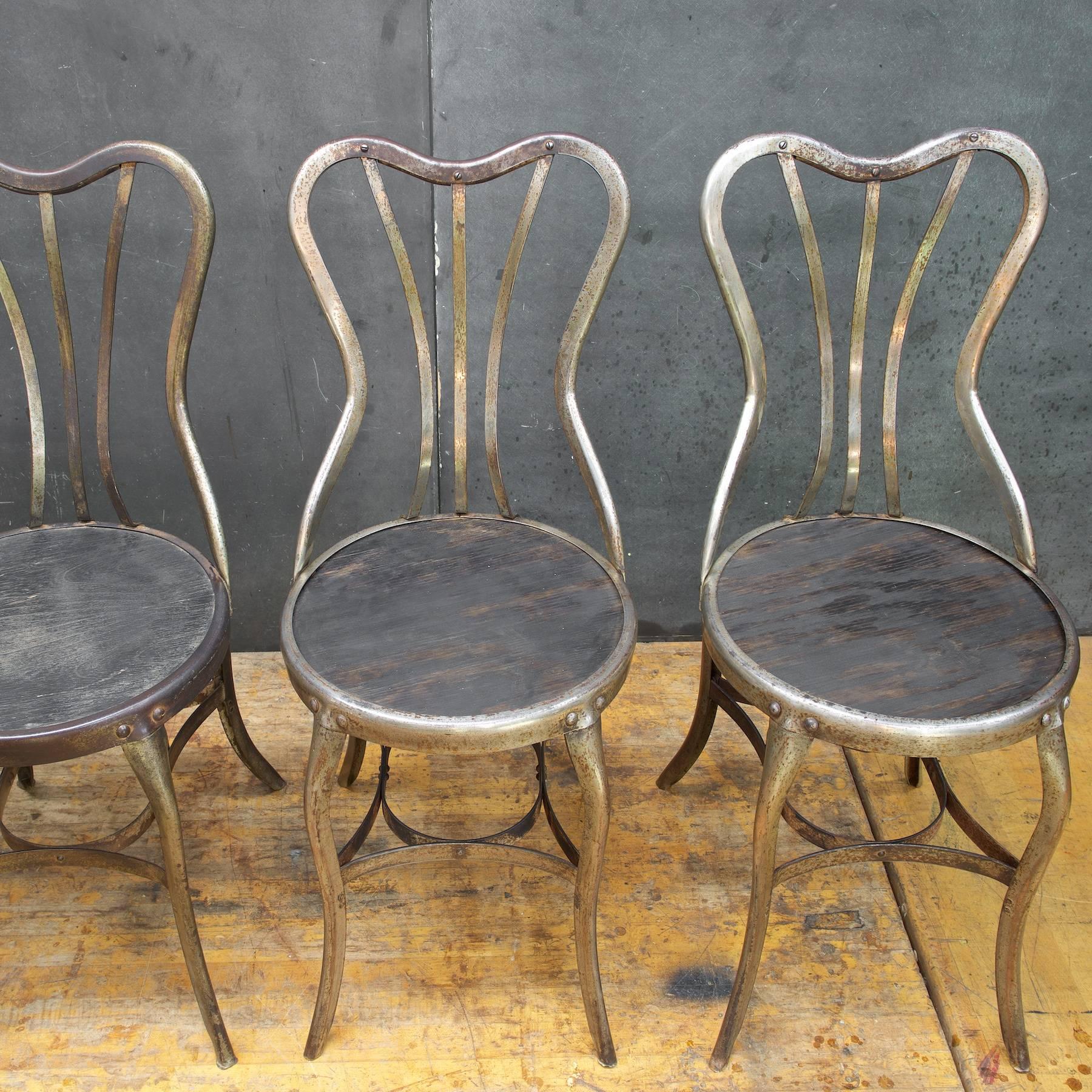 Patinated 1920s Vintage Industrial UHL Metal Dining Cafe Bistro Chairs Five
