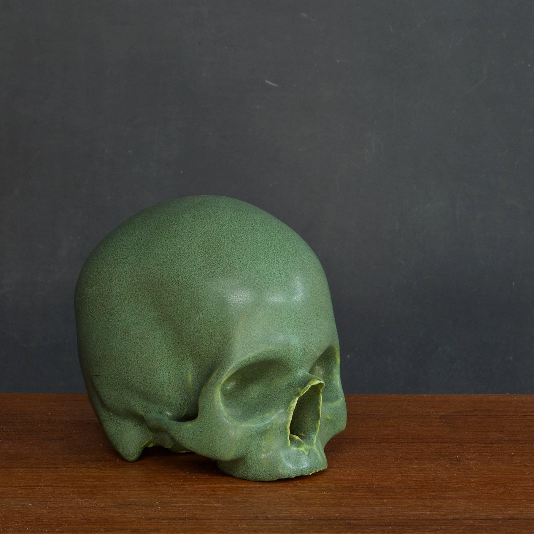 American Arts and Crafts Anatomic Style Glazed Pottery Skull Sculpture Bookend