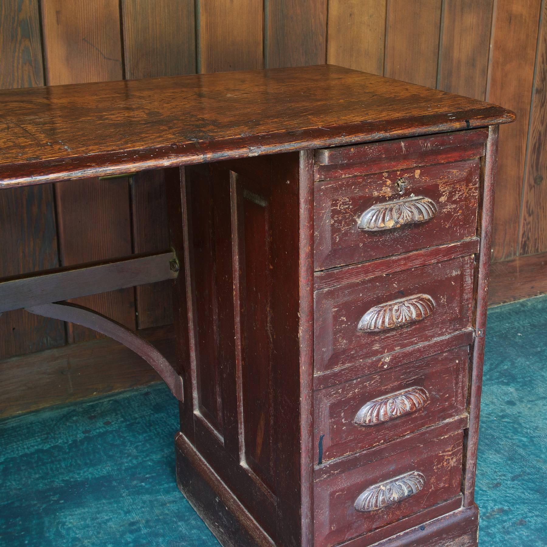 Stained 19th Century Victorian Petite Oak Writing Desk Table Bohemian Globe Brownstone