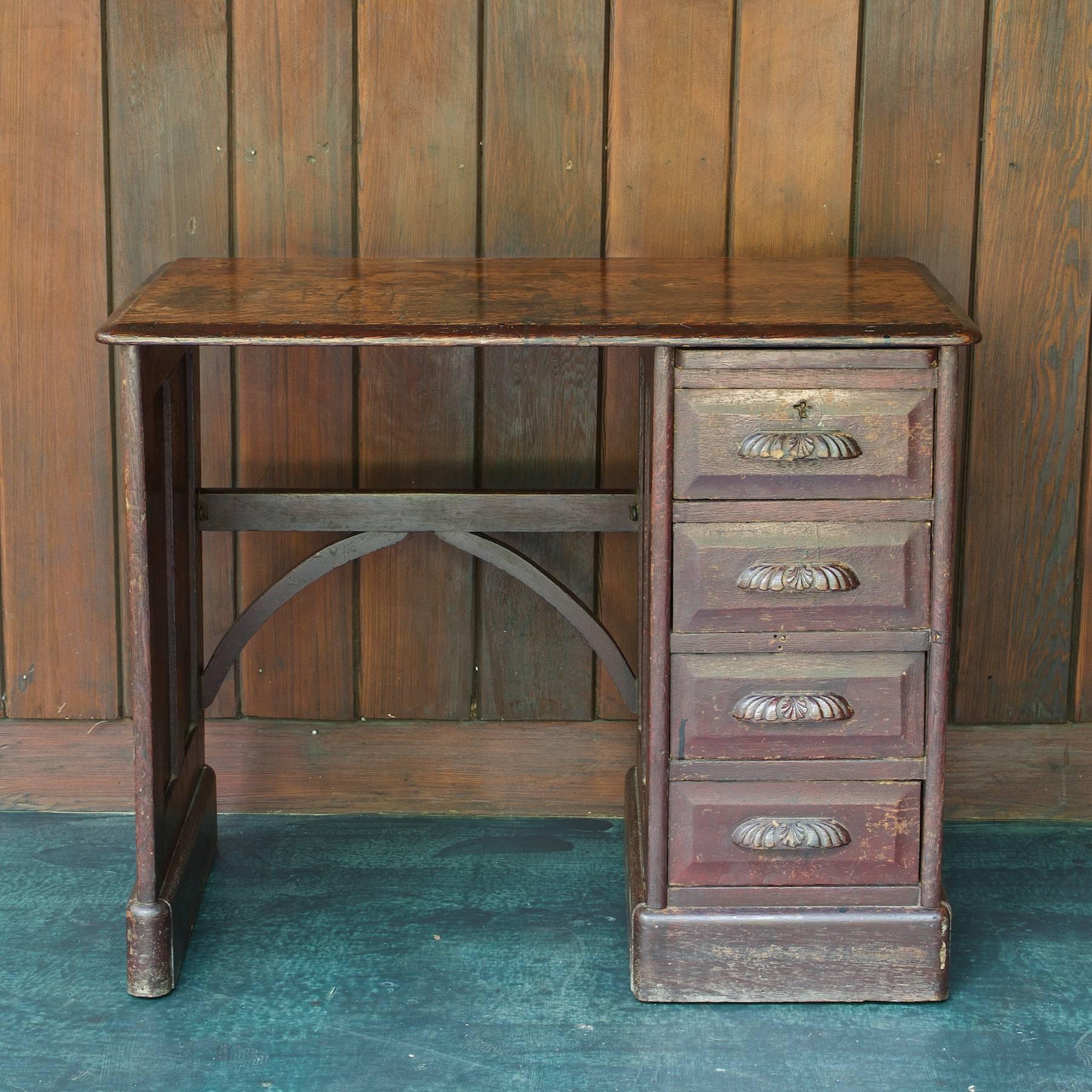 Late Victorian 19th Century Victorian Petite Oak Writing Desk Table Bohemian Globe Brownstone