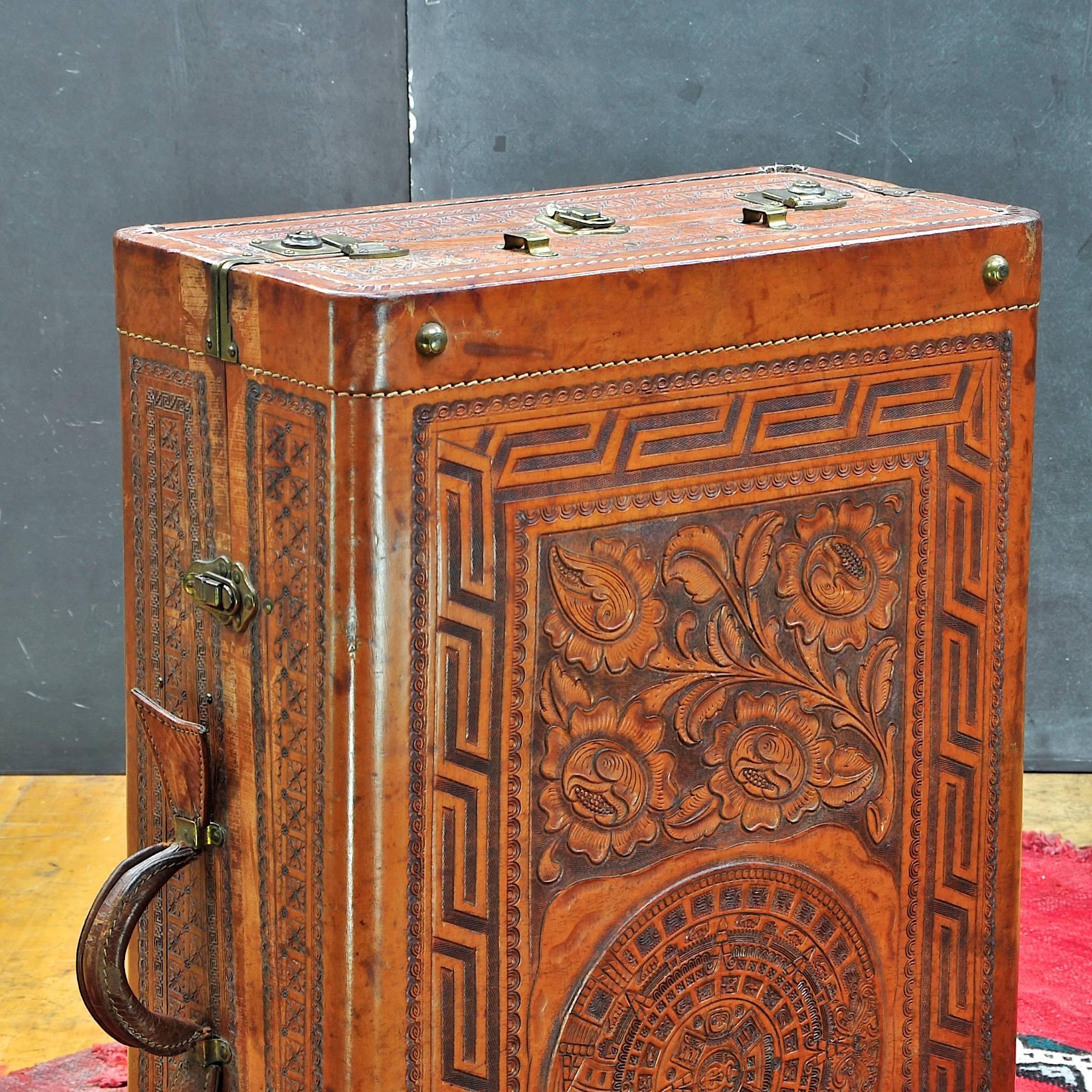 American Craftsman Vintage Mexican Craftsman Tooled Leather Wardrobe Suitcase