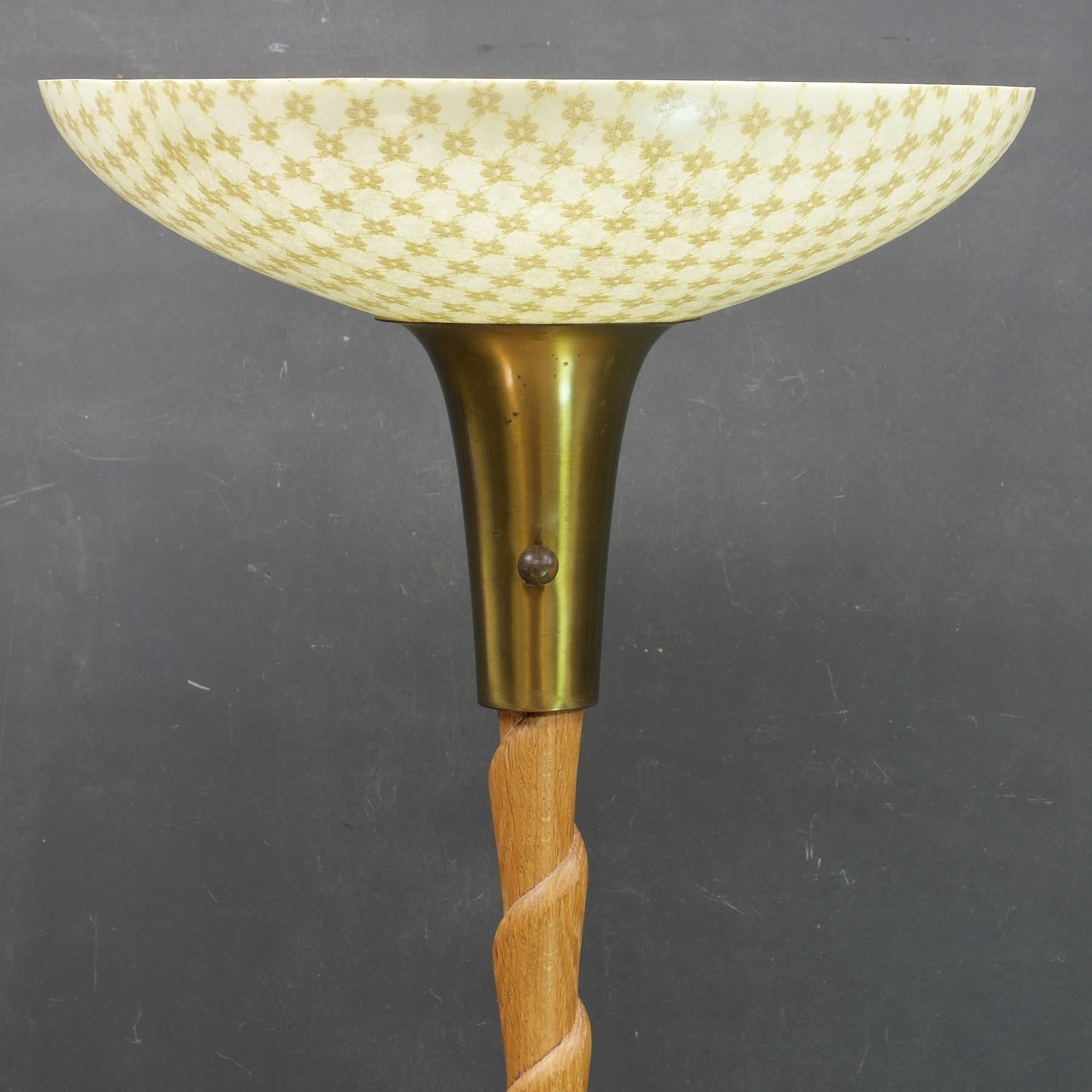 American Art Deco Fiberglass and Twisted Cerused Oak Brass Torchiere Floor Lamp For Sale