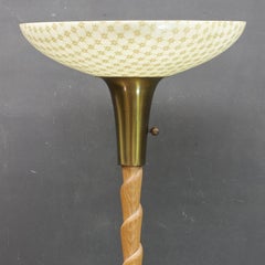 Art Deco Fiberglass and Twisted Cerused Oak Brass Torchiere Floor Lamp