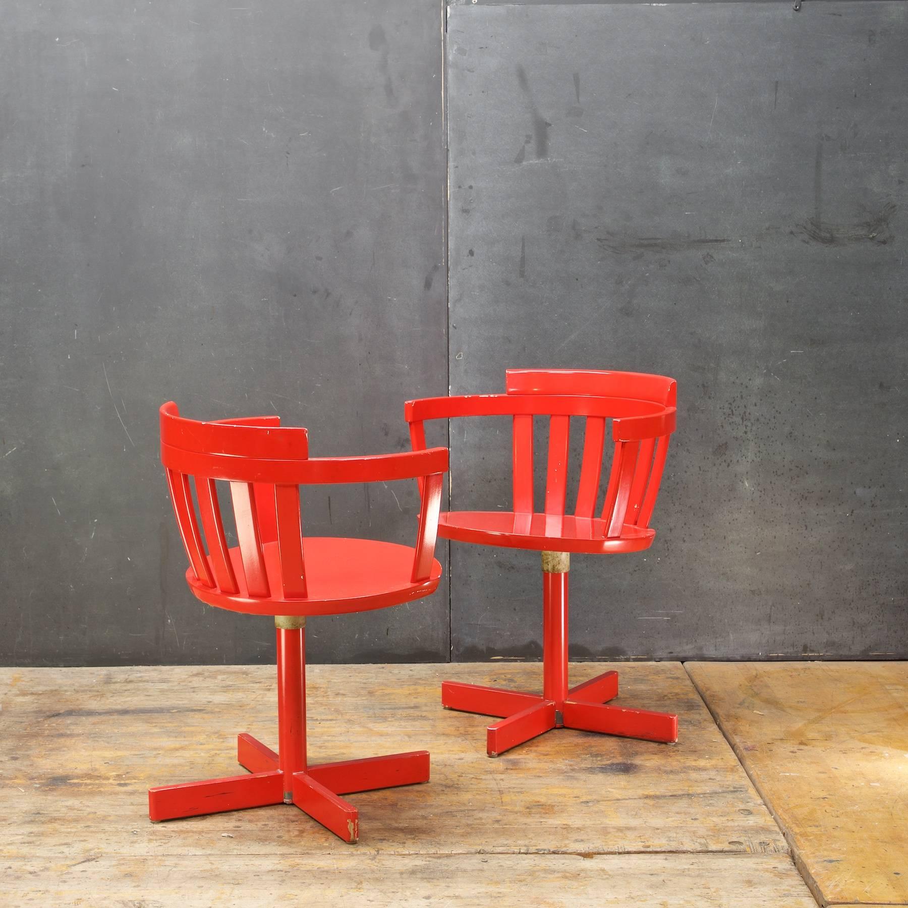 Enameled 1960s Swedish Mid-Century Modernist Red Desk Swivel Chairs