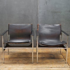 Pair of Black Leather Chrome Sling Chairs by Charles Pollack Knoll Associates