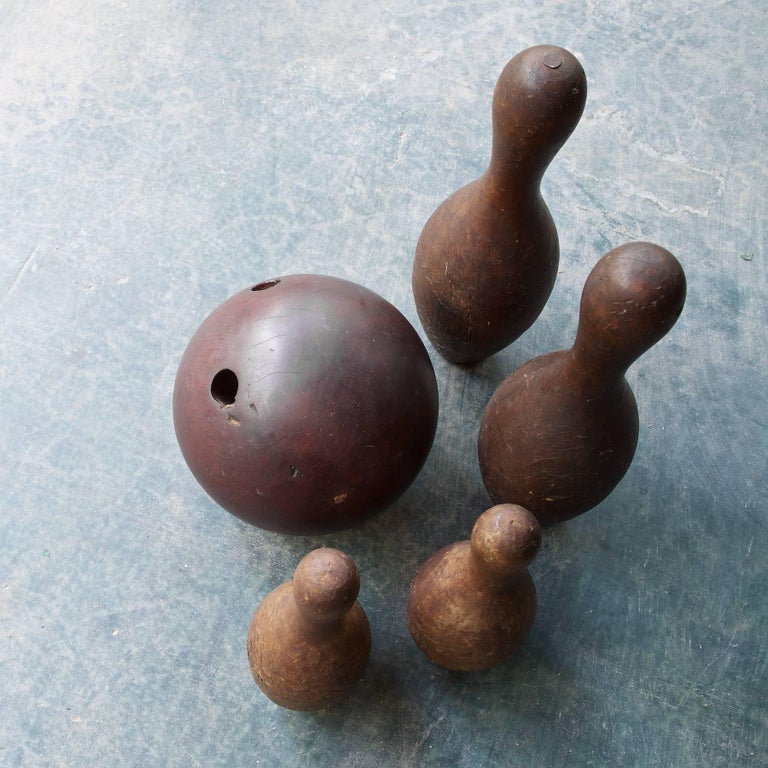 Antique HandTurned Lignum Vitae Ironwood Bowling Ball with Four Pins