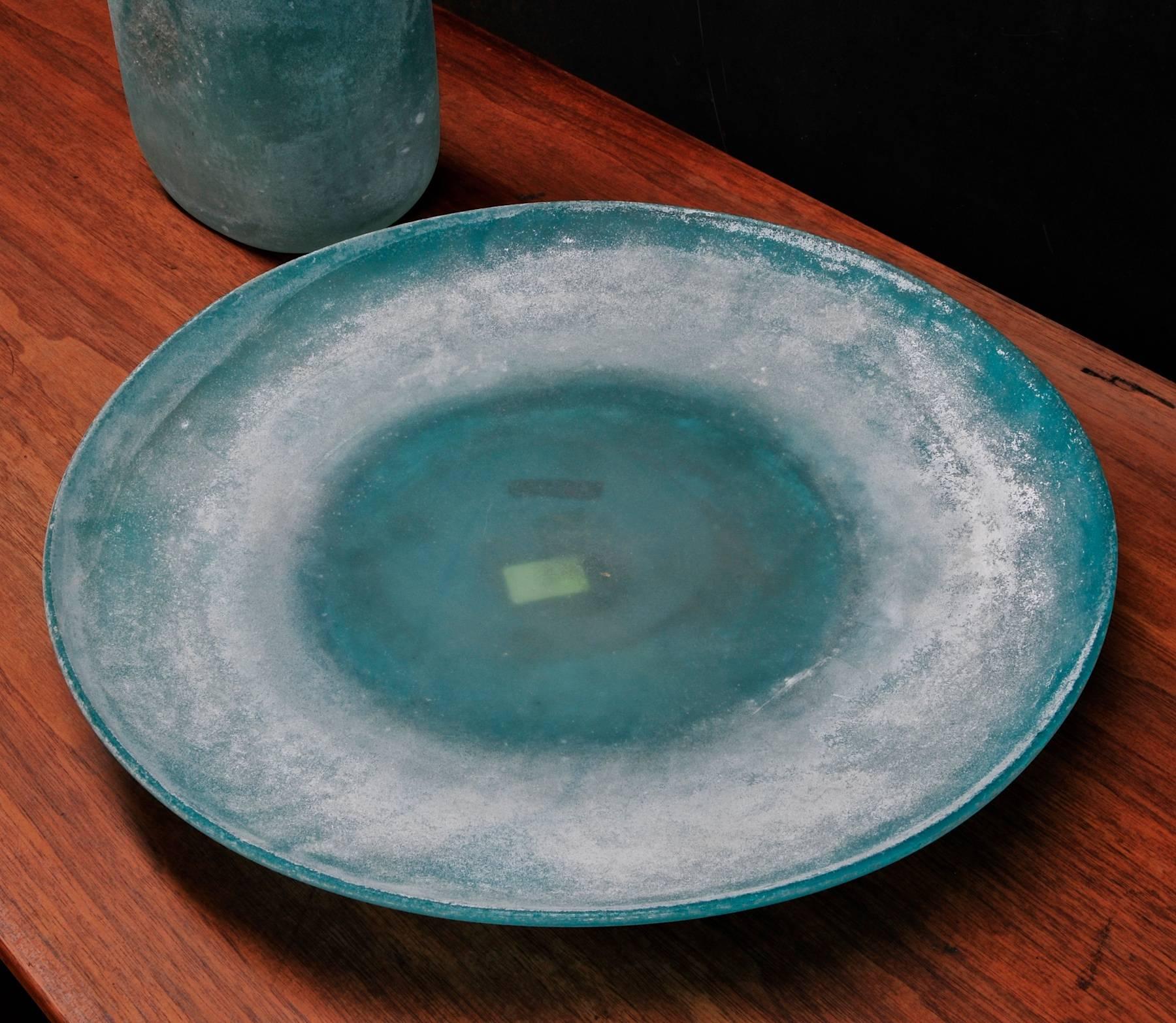 Mid-20th Century Mid-Century Cenedese Scavo Sea Grey-Blue Bowl and Bottle Set Romanesque Forms For Sale