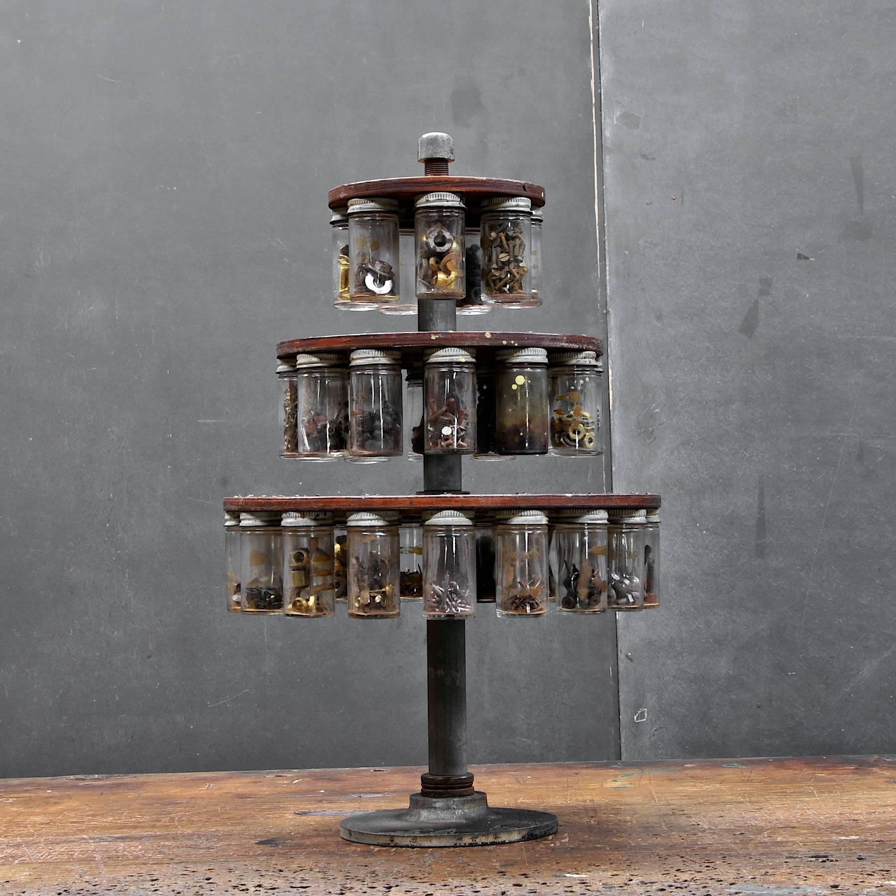 Interesting and overbuilt functional work shop hardware tree. Please Specify if you want the Hardware in Jars, or all jars can be emptied and cleaned upon order.