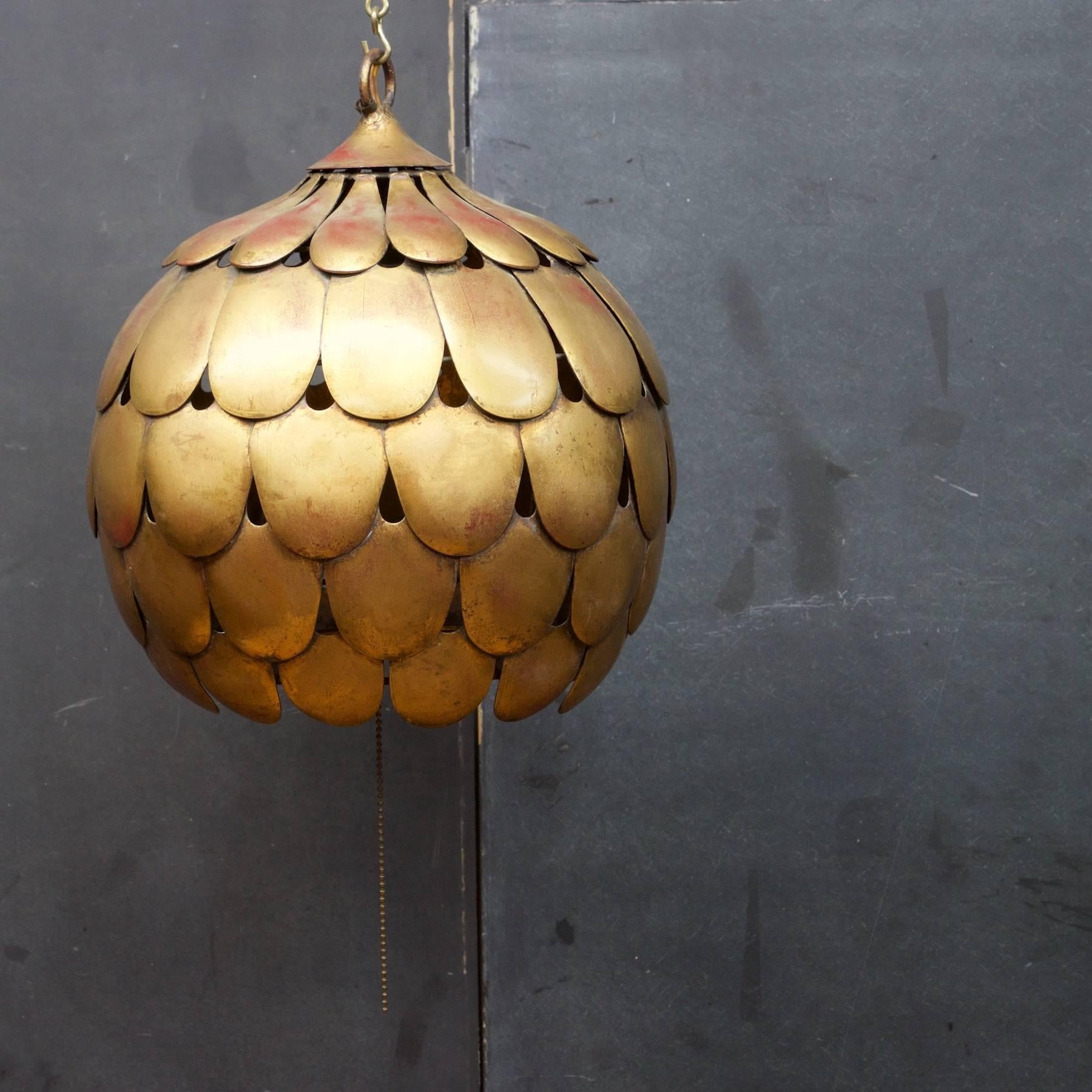 Hollywood Regency 1960s Salvadori Dragon Scale Pendant Lamp Vintage Mid-Century Feldman Faux Gilt