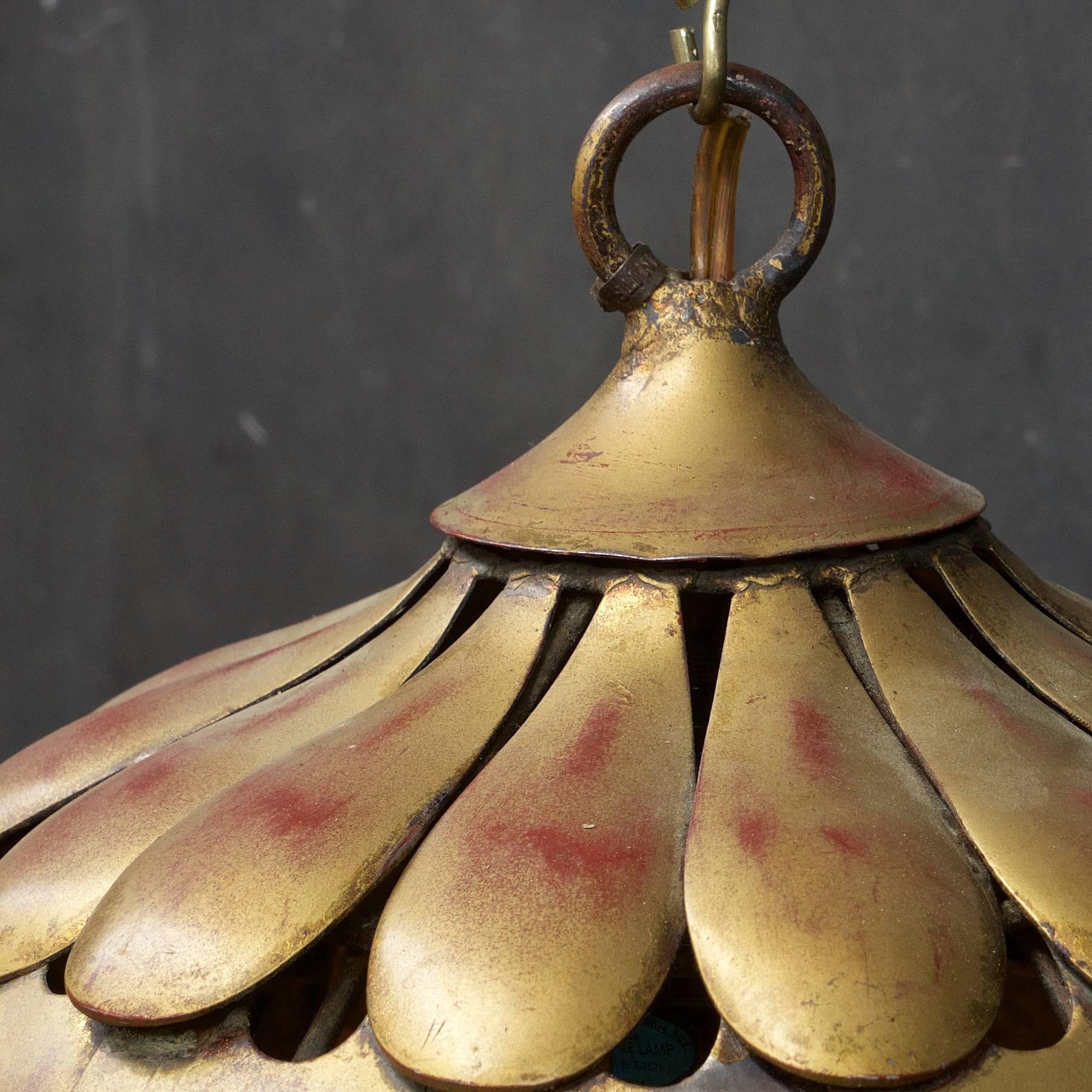 Enameled 1960s Salvadori Dragon Scale Pendant Lamp Vintage Mid-Century Feldman Faux Gilt