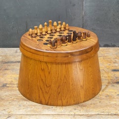 1950s Oak Chessboard Table+Chess Set Barrel Rustic Scandinavian Wegner style