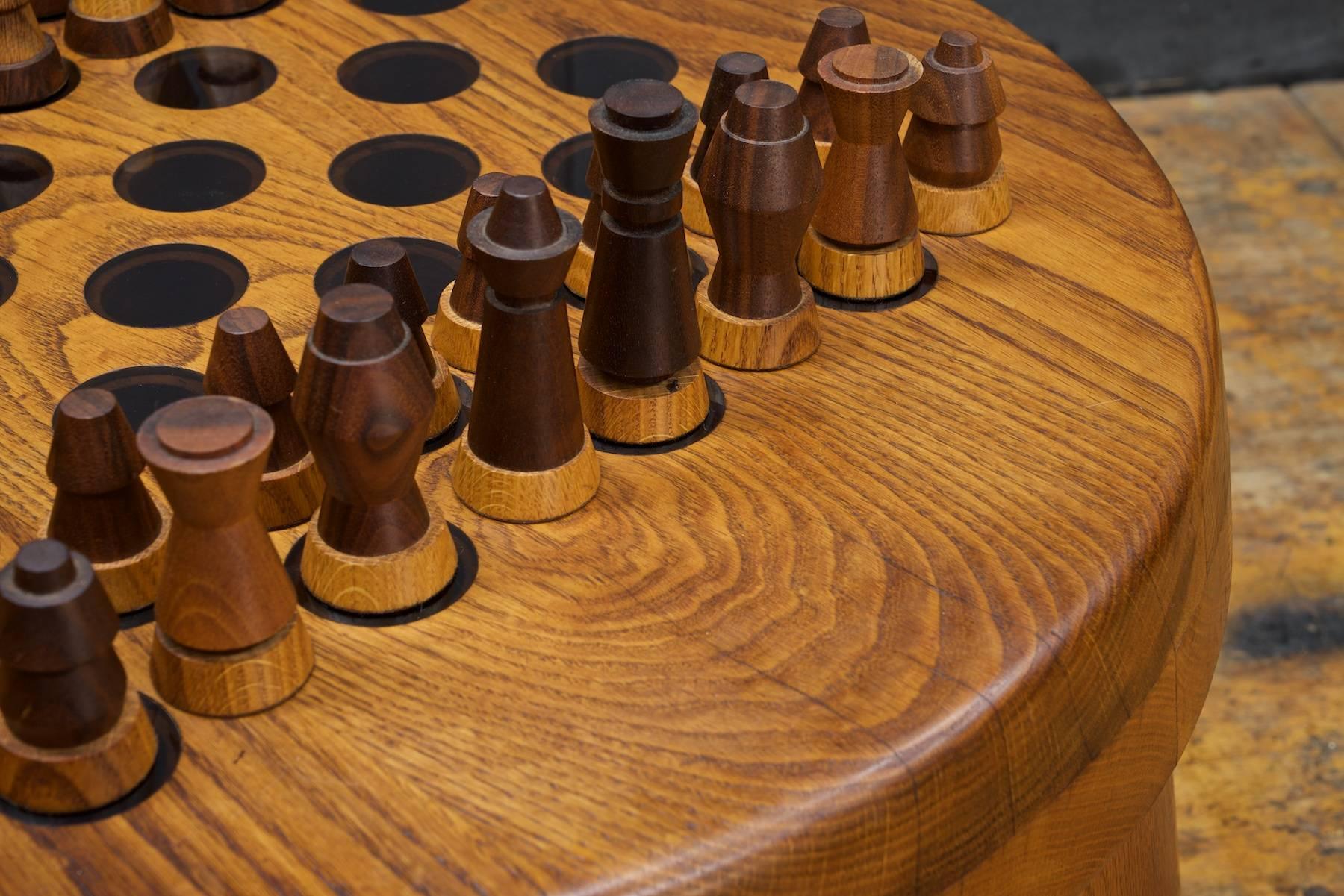 1950s Oak Chessboard Table+Chess Set Barrel Rustic Scandinavian Wegner style In Good Condition In Hyattsville, MD