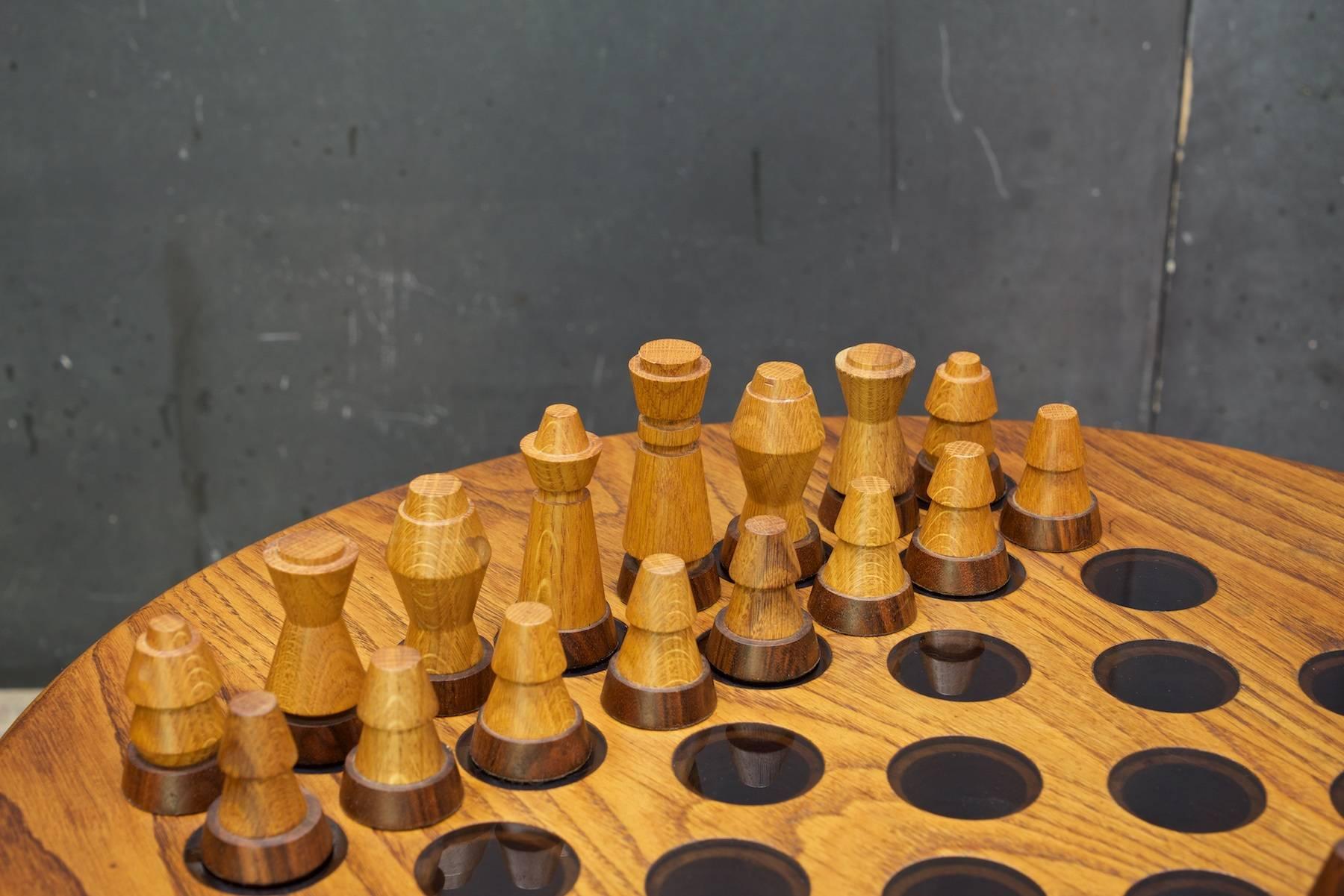 Mid-20th Century 1950s Oak Chessboard Table+Chess Set Barrel Rustic Scandinavian Wegner style