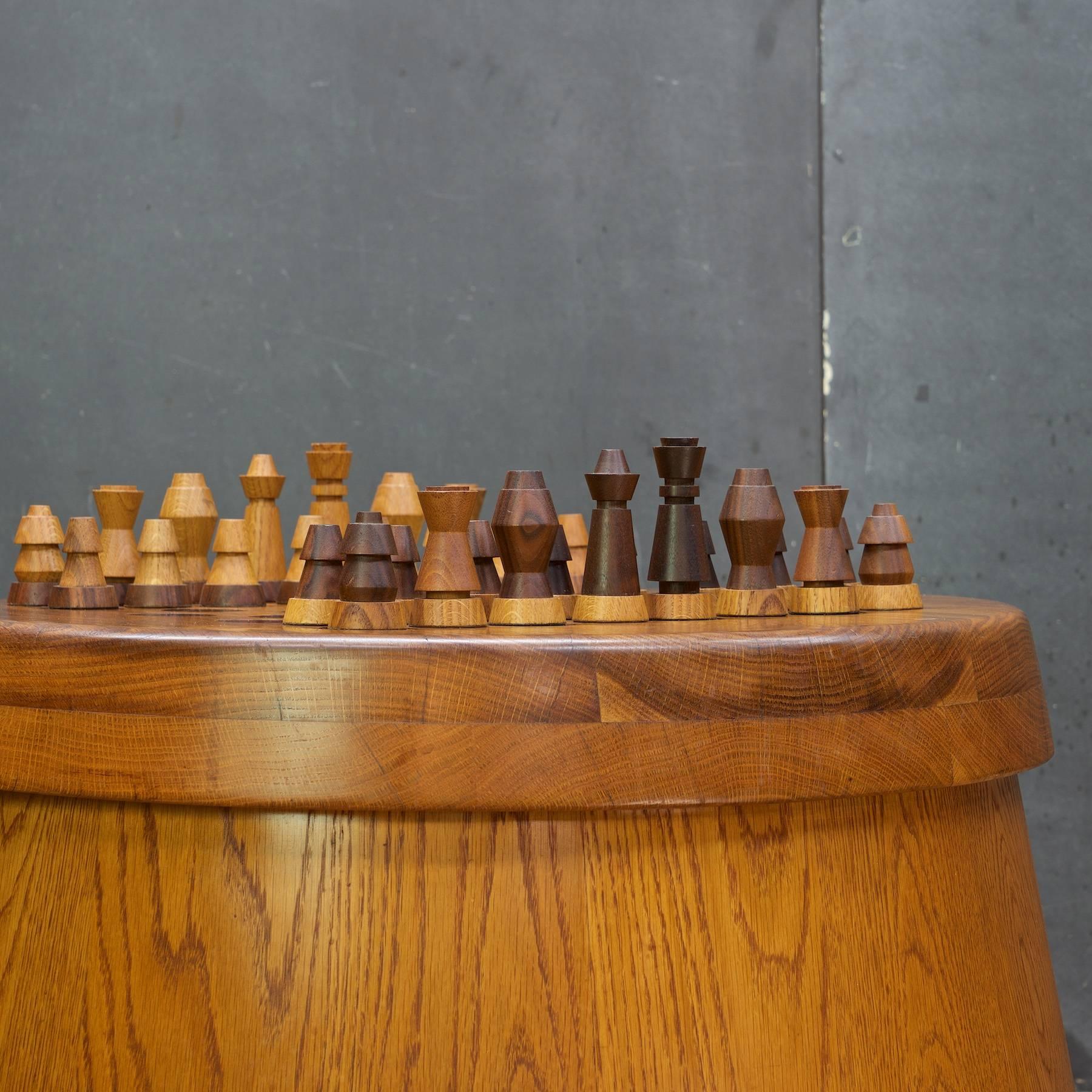 1950s Oak Chessboard Table+Chess Set Barrel Rustic Scandinavian Wegner style 1