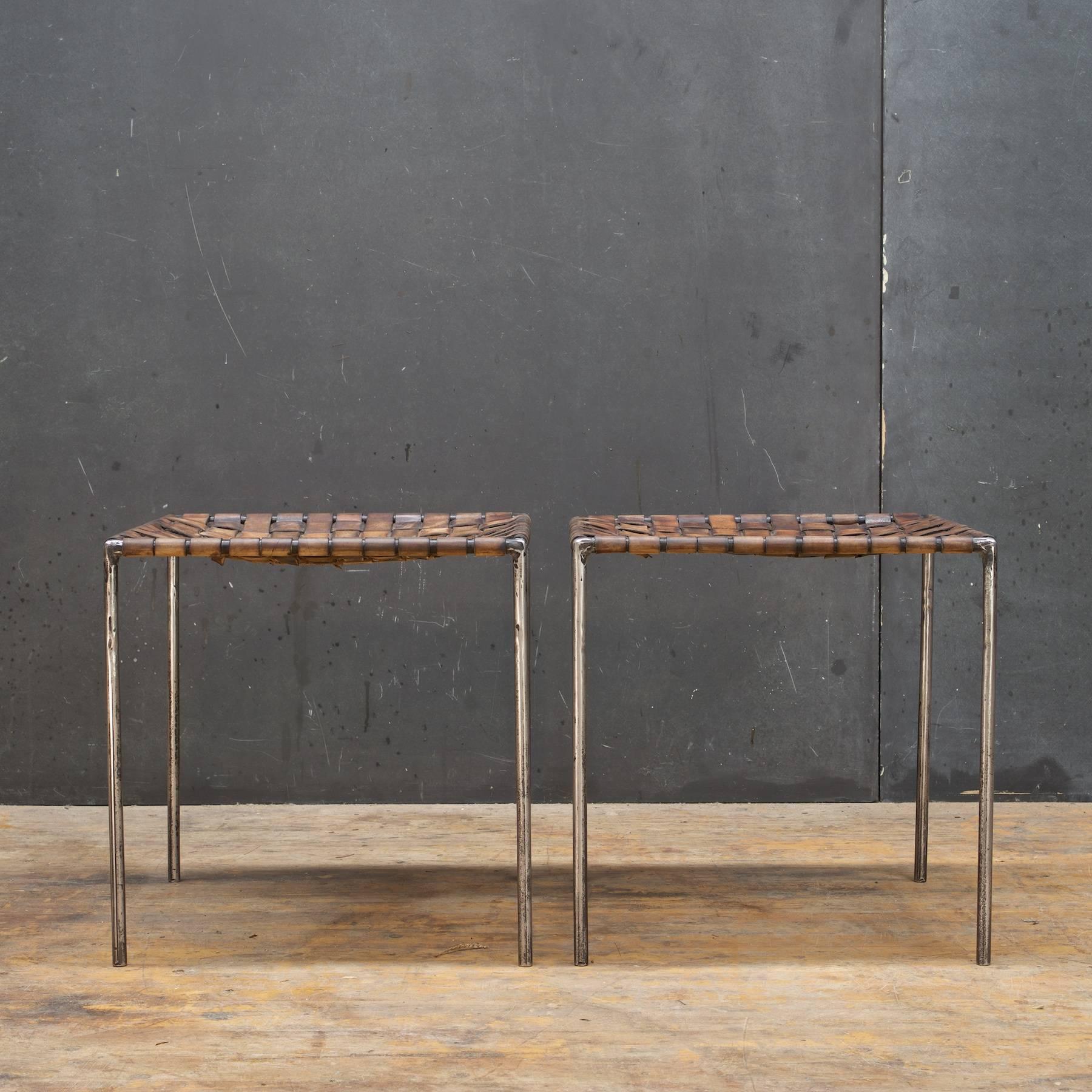 Mid-Century Modern Pair of Vintage Iron Rod and Braided Leather Tables Props Stools Ottomans