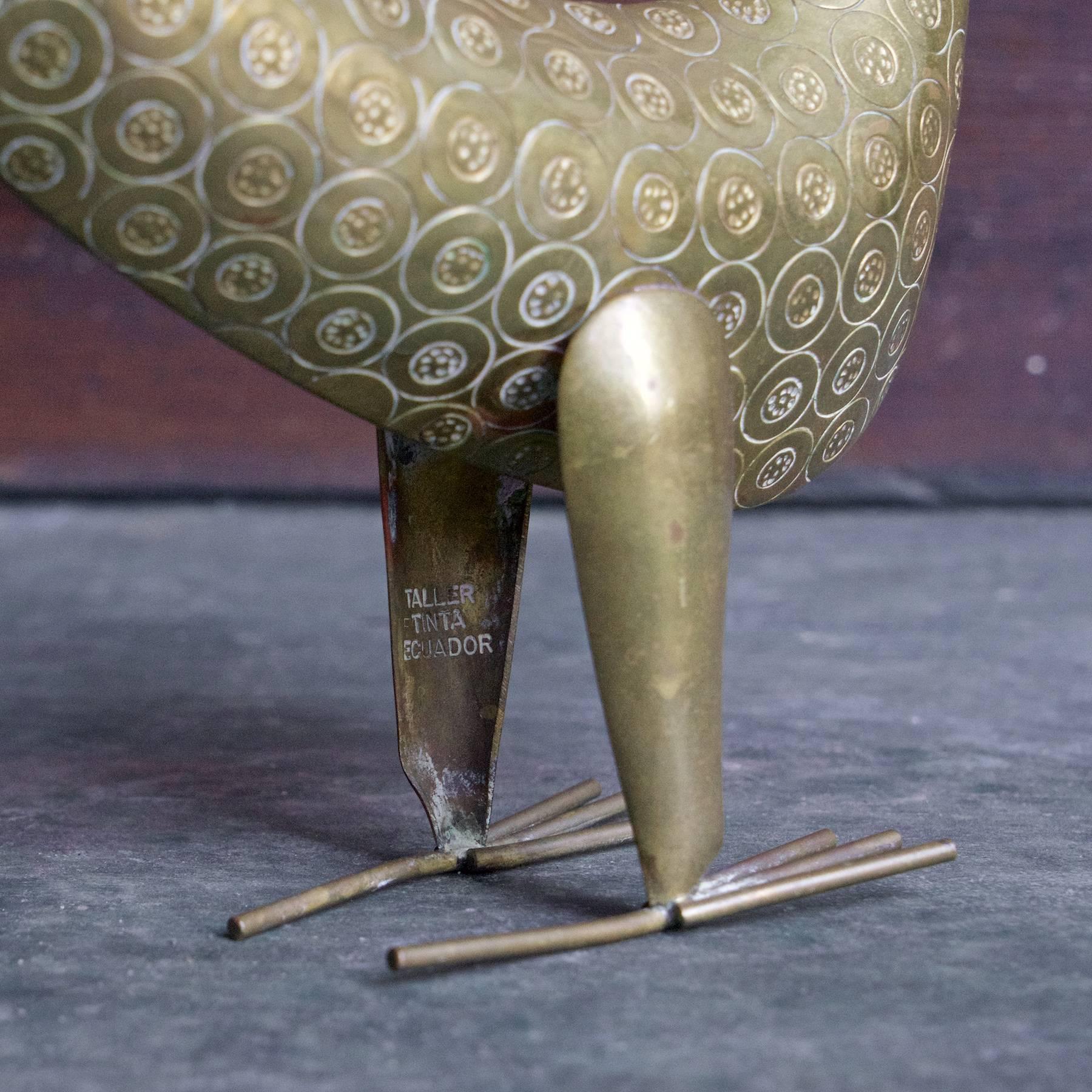 Hand-Crafted 1960s Joaquin Tinta Ecuador Brass Turquoise Gemstone Bird Sculpture Studio Craft
