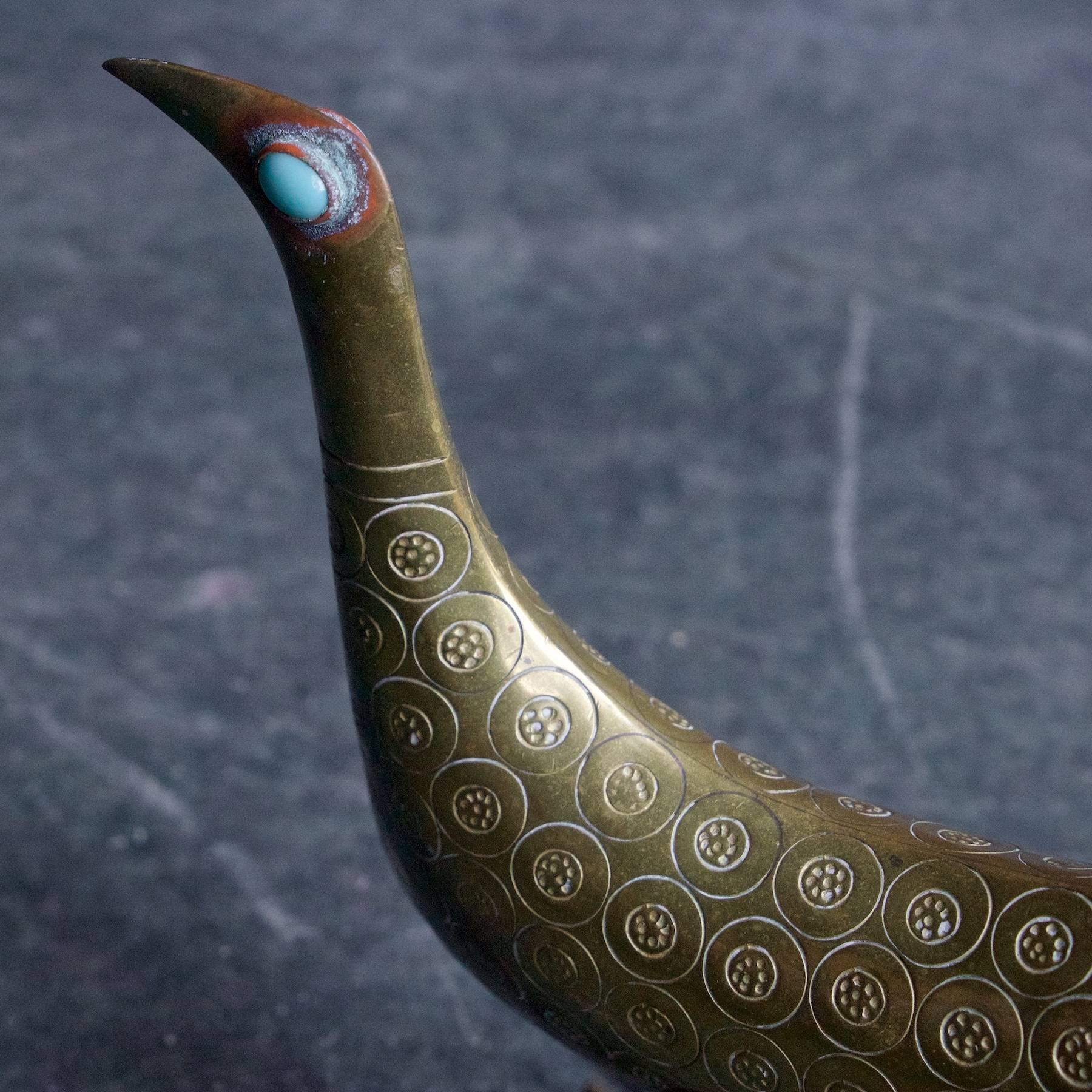 Mid-Century Modern 1960s Joaquin Tinta Ecuador Brass Turquoise Gemstone Bird Sculpture Studio Craft