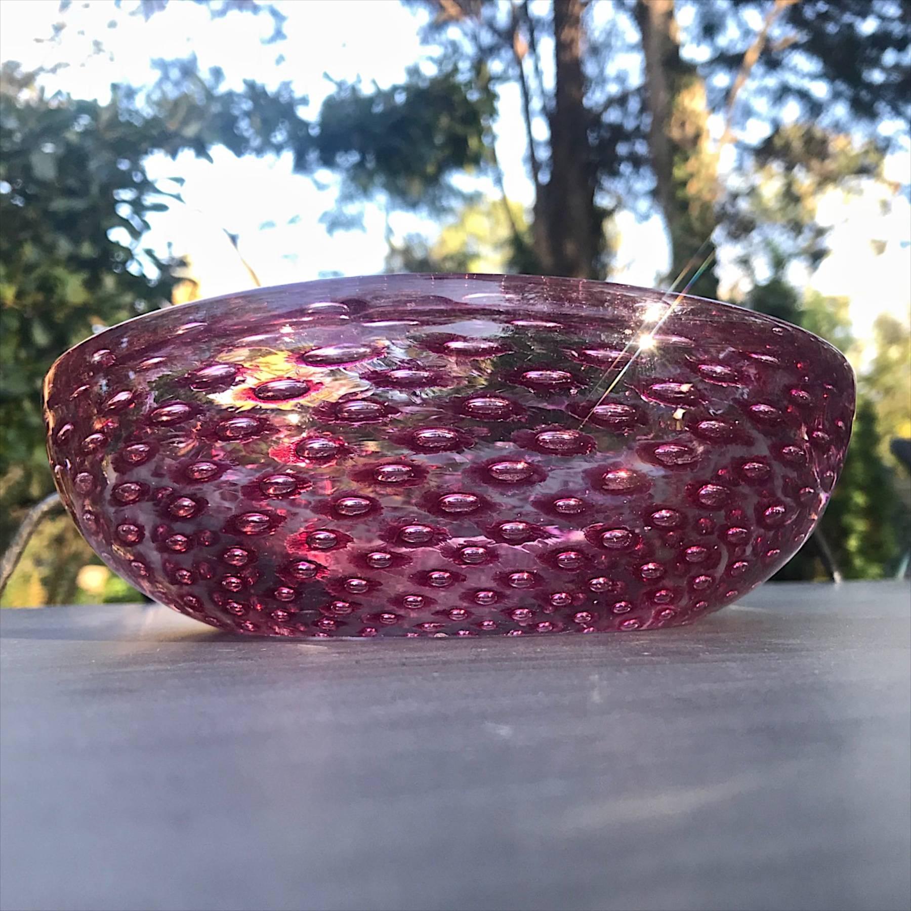 Mid-20th Century Cranberry Pink Sommerso Controlled Bubble Art Glass Cigar Ashtray Bowl Dish