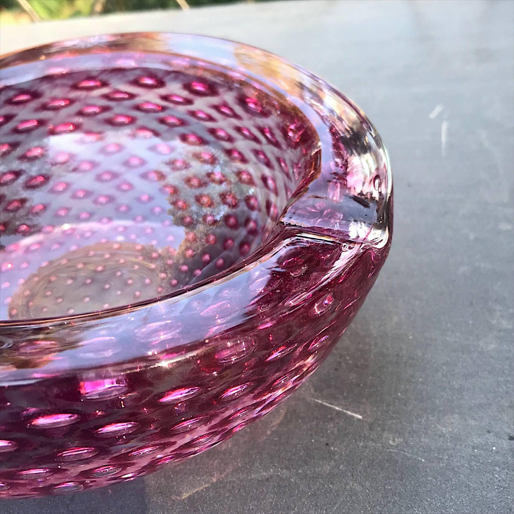 Cranberry Pink Sommerso Controlled Bubble Art Glass Cigar Ashtray Bowl Dish 2