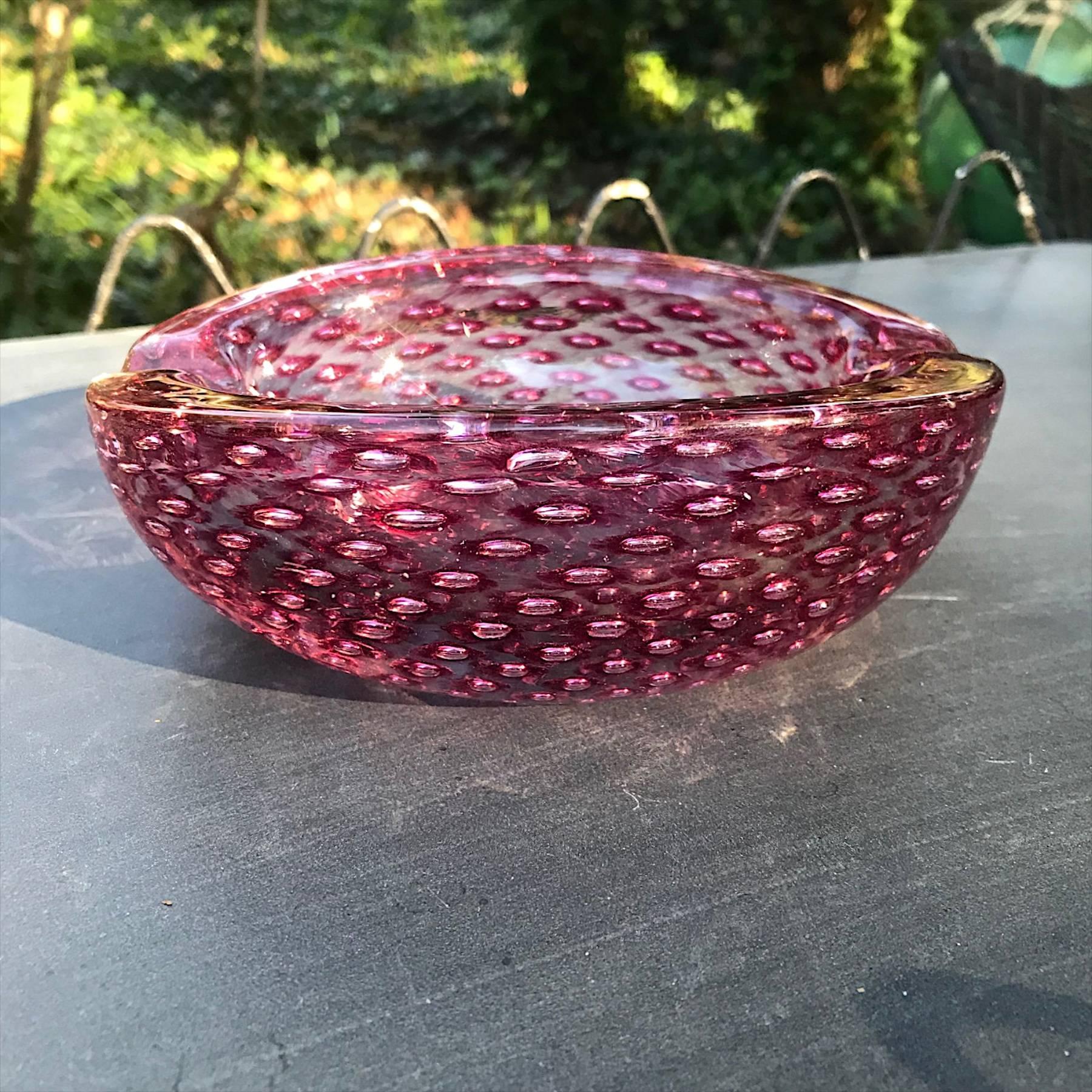Cranberry Pink Sommerso Controlled Bubble Art Glass Cigar Ashtray Bowl Dish 1