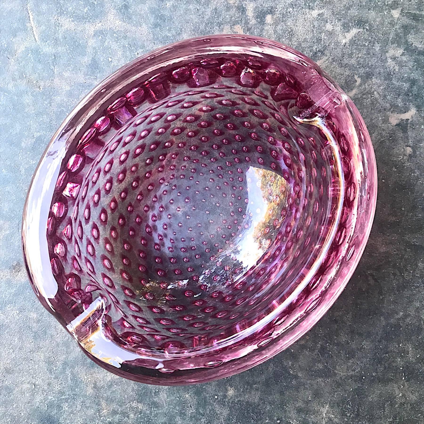 Mid-Century Modern Cranberry Pink Sommerso Controlled Bubble Art Glass Cigar Ashtray Bowl Dish