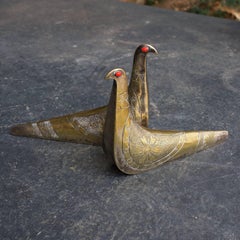 Midcentury Artisan Brass Metal Art Gemstone Partridge Dove Bird Sculptures