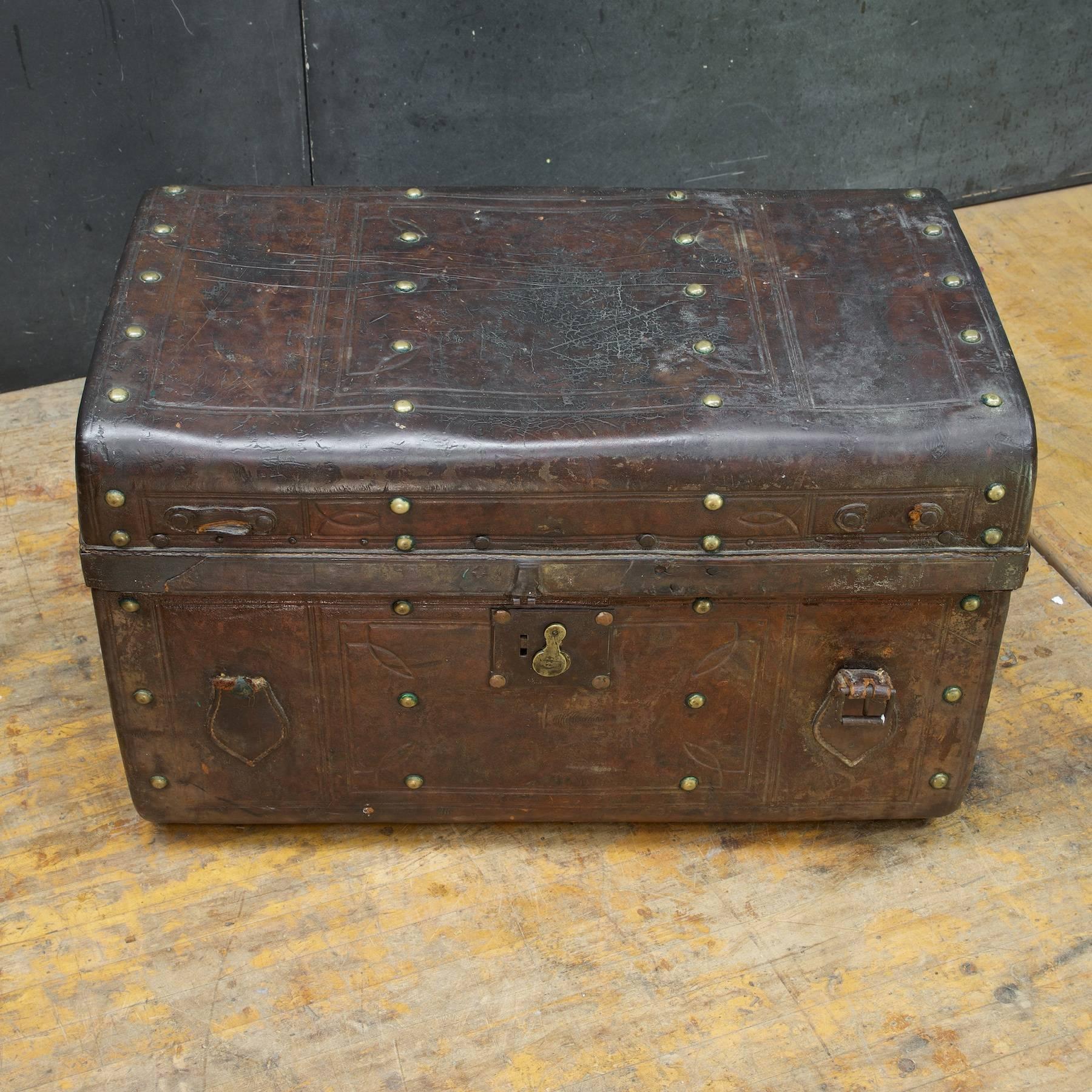 Beautifully Preserved HEAVY Leather Early 1900s Automobile Rear Rumble Box. Because of the shape, heft, and the construction this Trunk is believed to be a leather clad  Rumblebox, not steamer Luggage. Maker unknown, Lock marked VR.  Missing Front