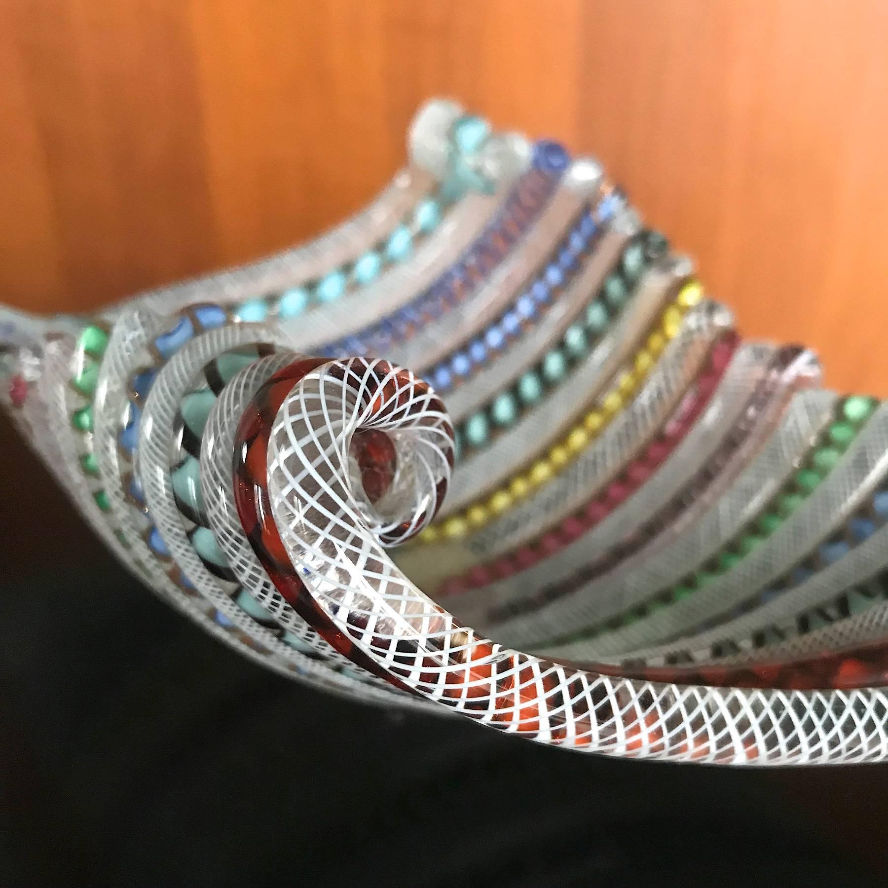 Hand-Crafted 1960s Lattice Sea Wave Dish Galliano Ferro Murano Italian Fused Glass Coil Bowl