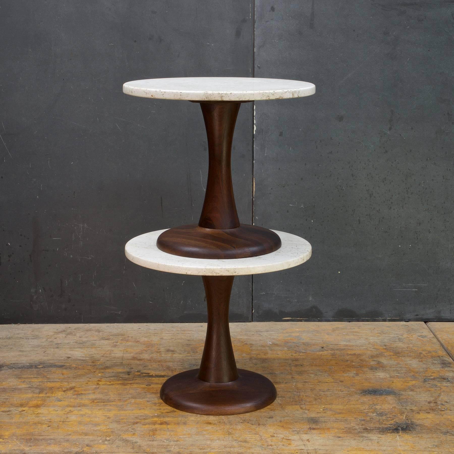 Mid-Century Modern Pair of Rustic Modern Turned Walnut & Travertine Marble Pedestal Side Tables