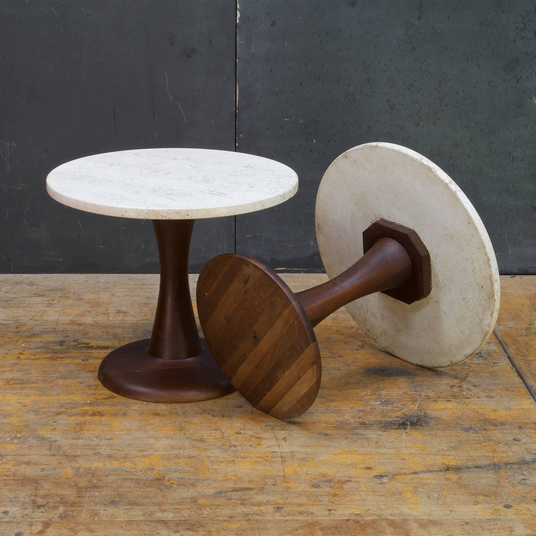 Pair of Rustic Modern Turned Walnut & Travertine Marble Pedestal Side Tables In Excellent Condition In Hyattsville, MD