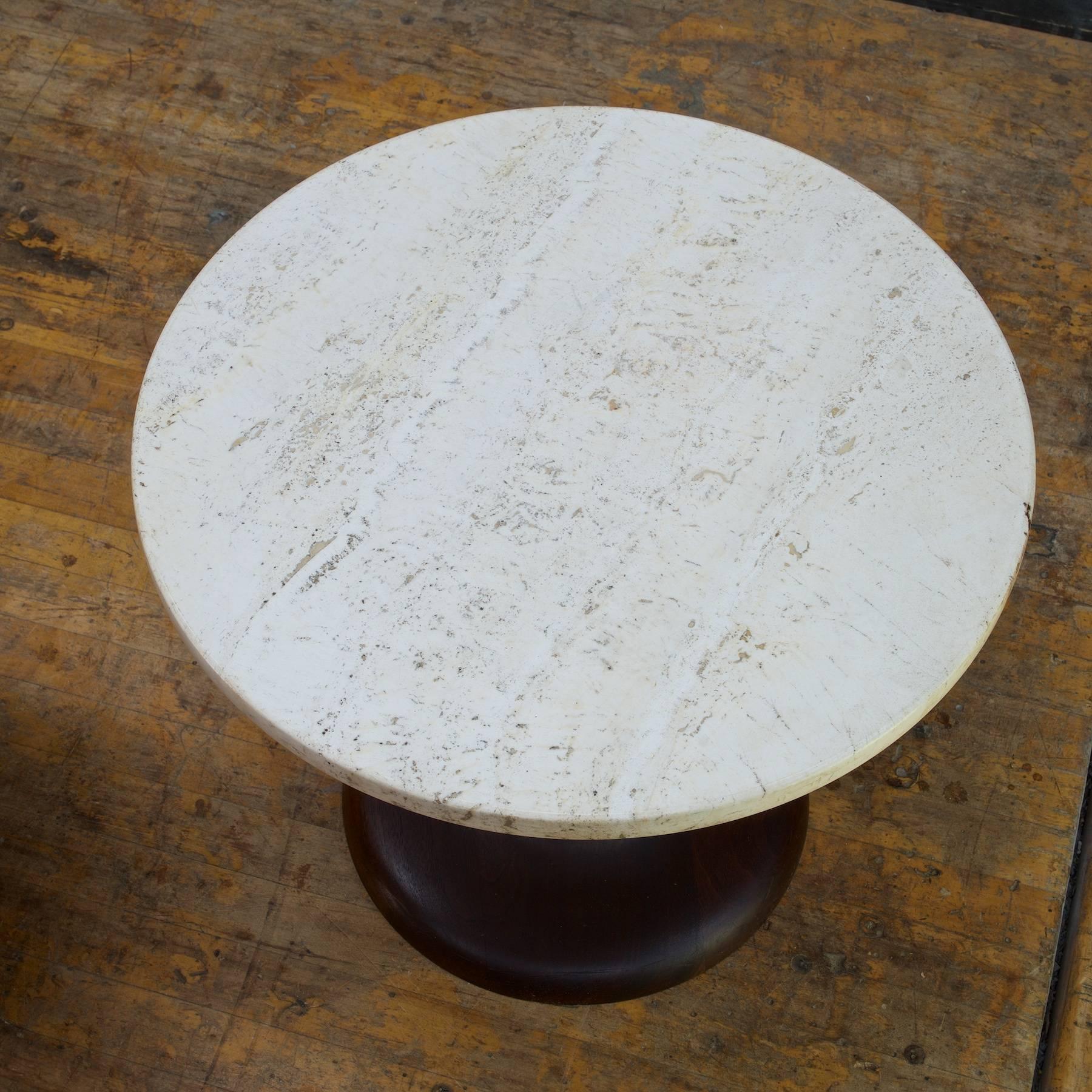 American Pair of Rustic Modern Turned Walnut & Travertine Marble Pedestal Side Tables