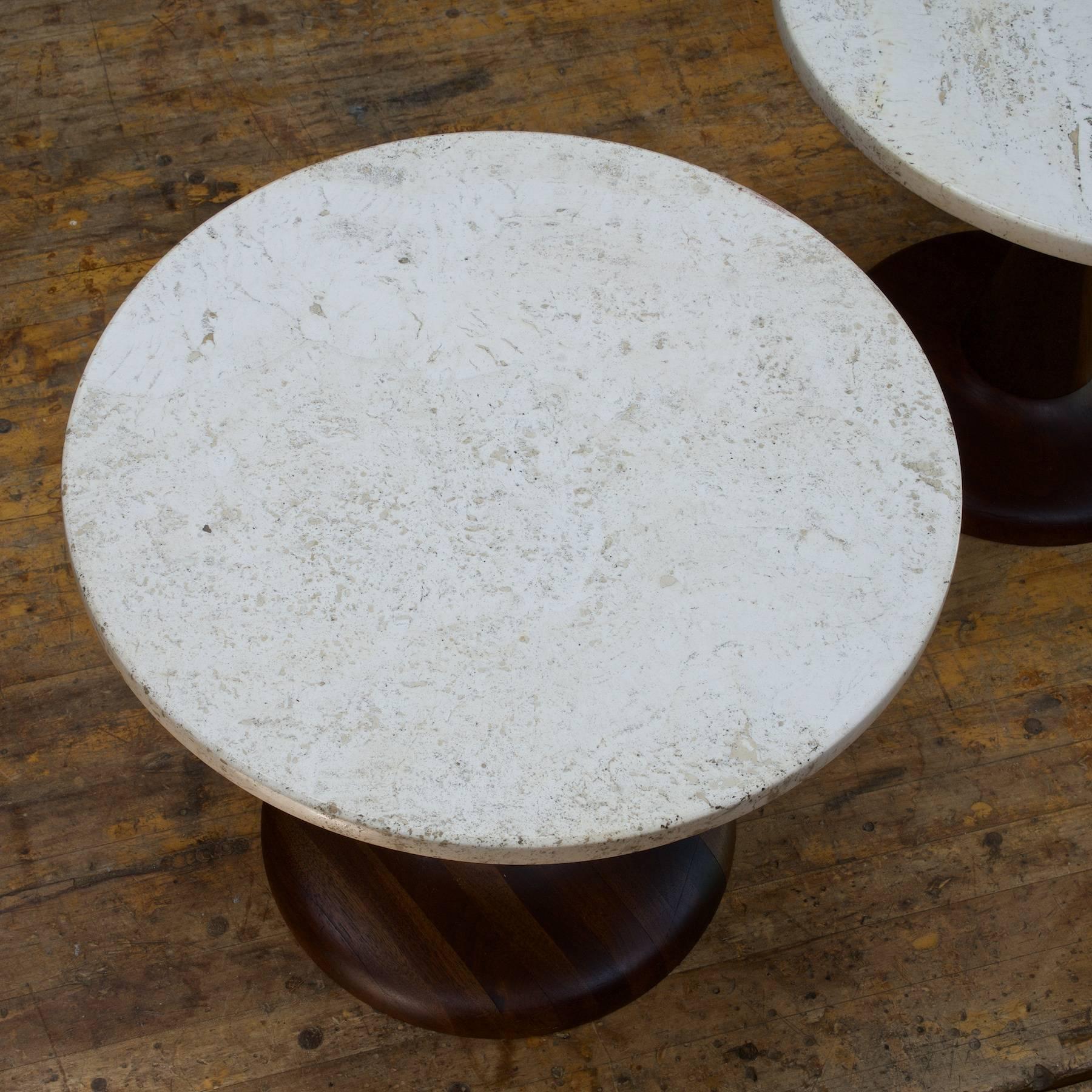 Oiled Pair of Rustic Modern Turned Walnut & Travertine Marble Pedestal Side Tables