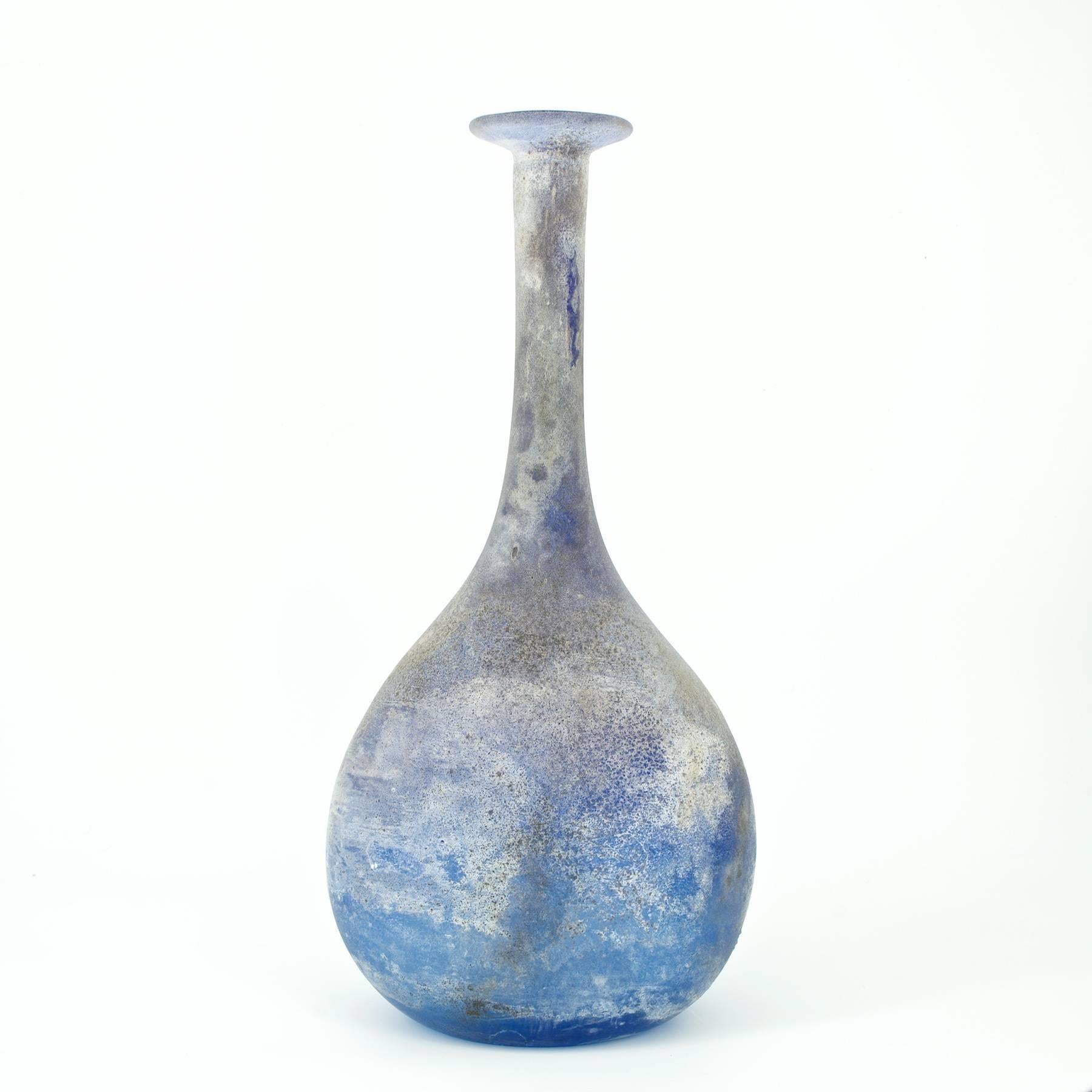 Italian 1950s Atmospheric Blue Planet Scavo Thin Neck Murano Cenedese Bottle