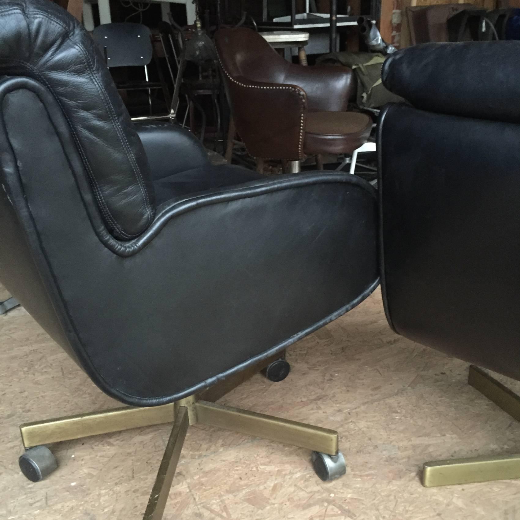 Mid-Century Modern Sprunger Dunbar Black Leather and Bronze Office Chair