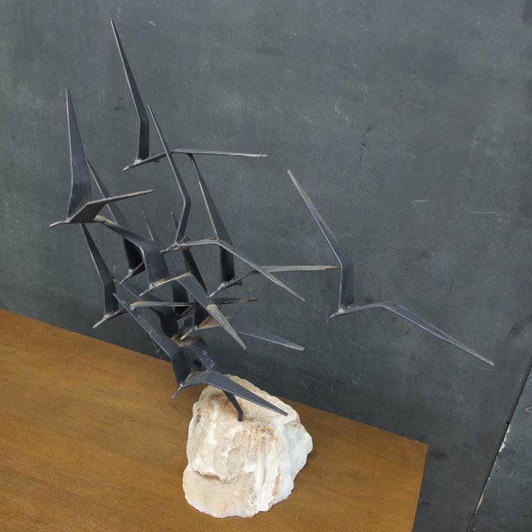 Birds in Flight Sculpture on White Onyx Stone by Curtis Jere at