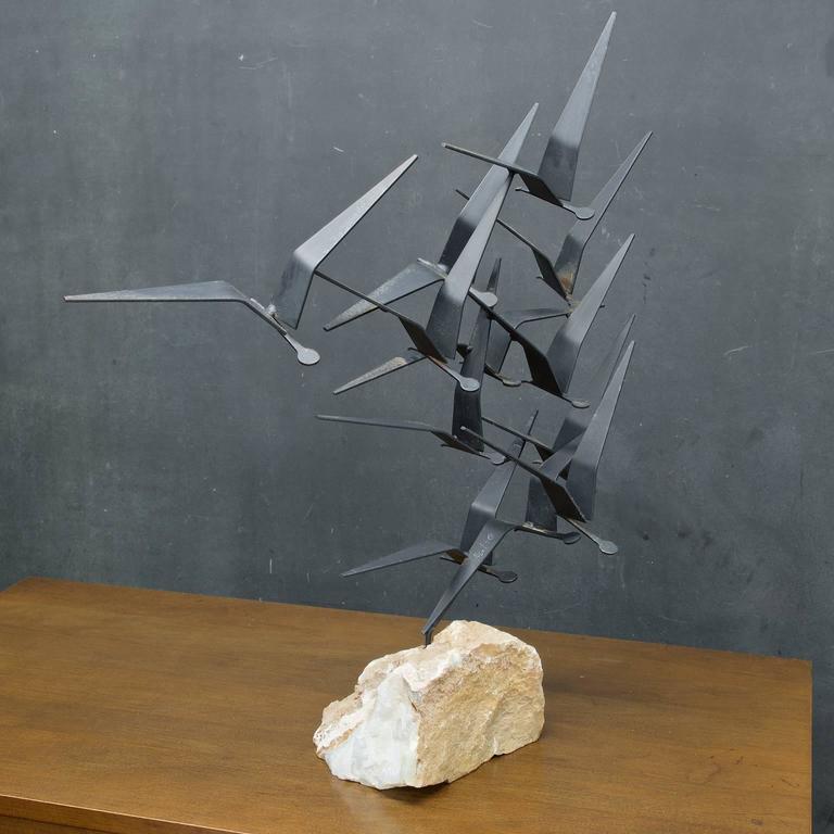 Birds in Flight Sculpture on White Onyx Stone by Curtis Jere at